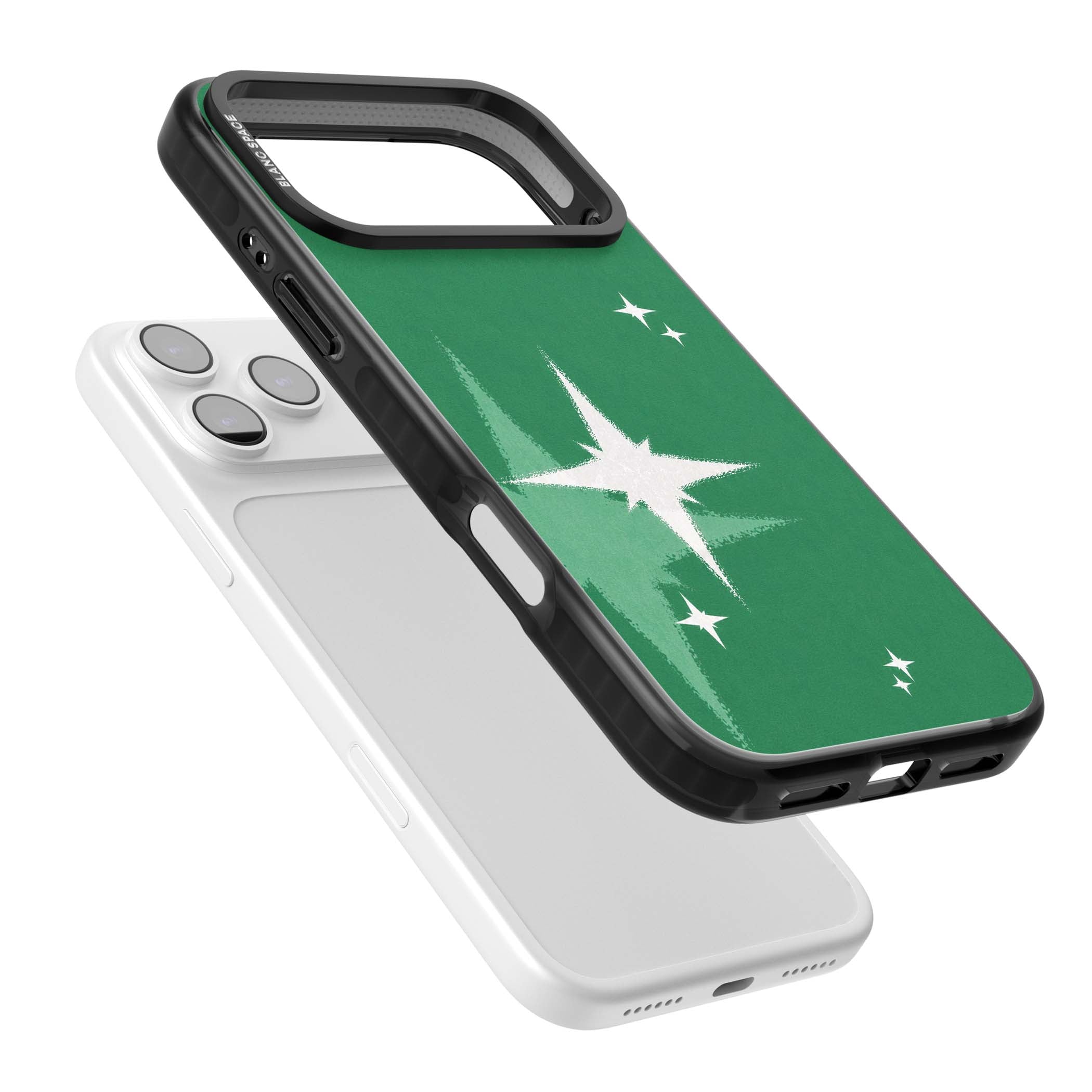 Green Sparkle celestial iPhone case featuring sparkling white four-point stars on a deep green background | Black Impact Magsafe case for iPhone 17 Pro, iPhone 17 Pro Max