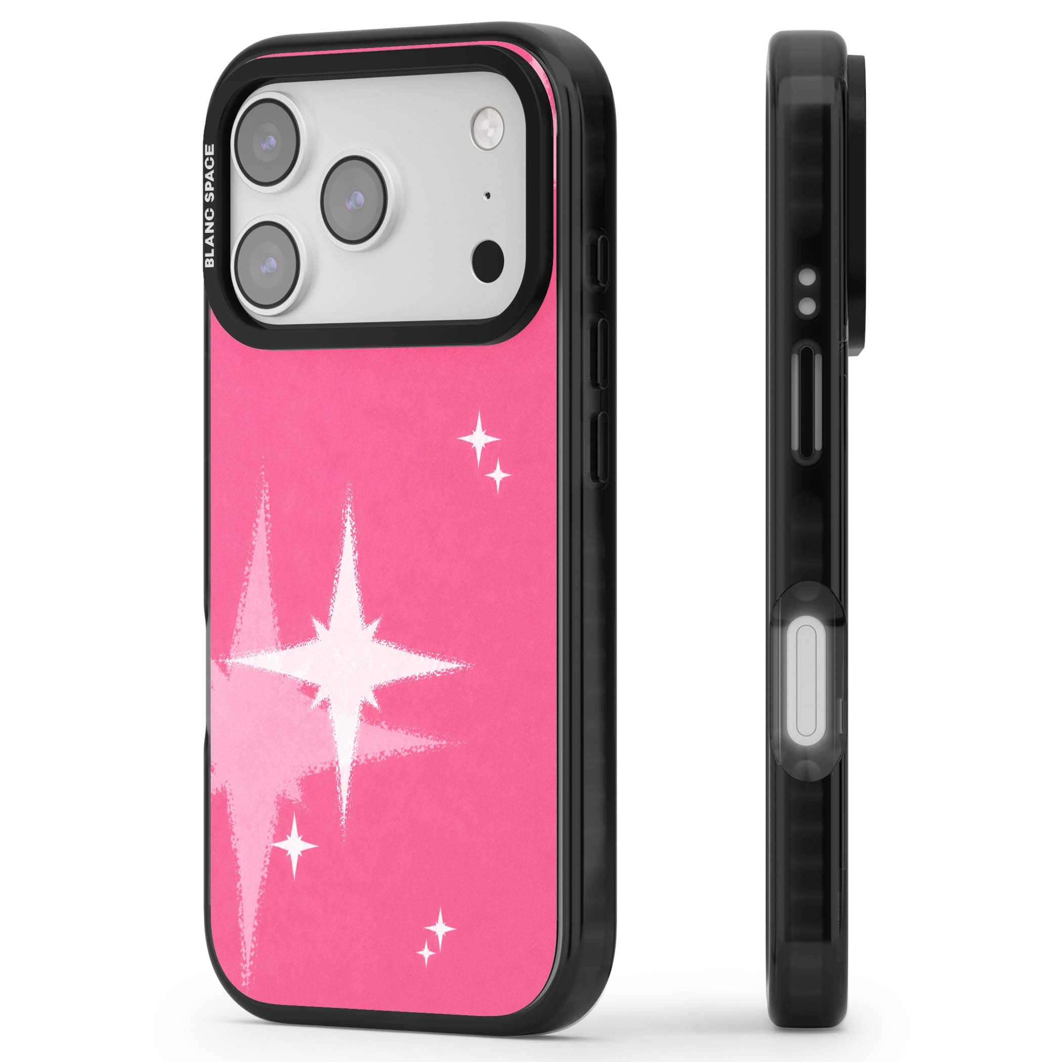 Pink Sparkle Y2K iPhone case featuring hot pink background with shimmering white starburst pattern | Black Impact Magsafe case for iPhone 17 Pro, iPhone 17 Pro Max