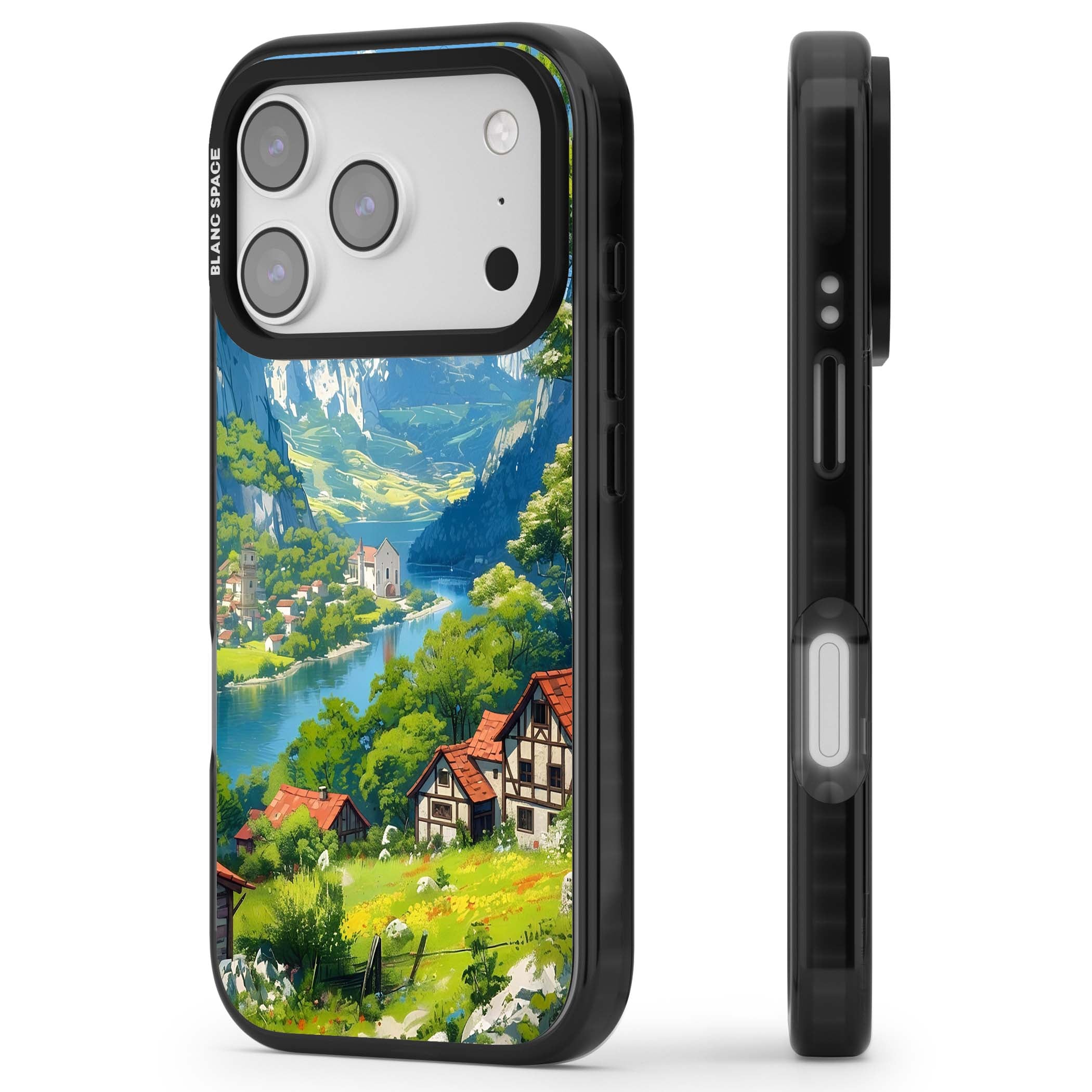 Village In The Valley anime iPhone case featuring a painted mountain village, river valley and half-timbered cottages. | Black Impact Magsafe case for iPhone 17 Pro, iPhone 17 Pro Max
