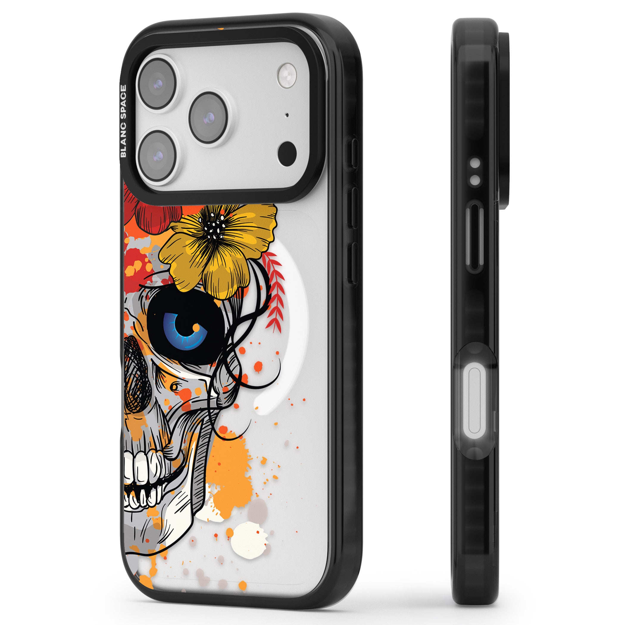 Sugar Skull Flowers iPhone 17 Pro Max Impact Pro Black Phone Case Side Profile