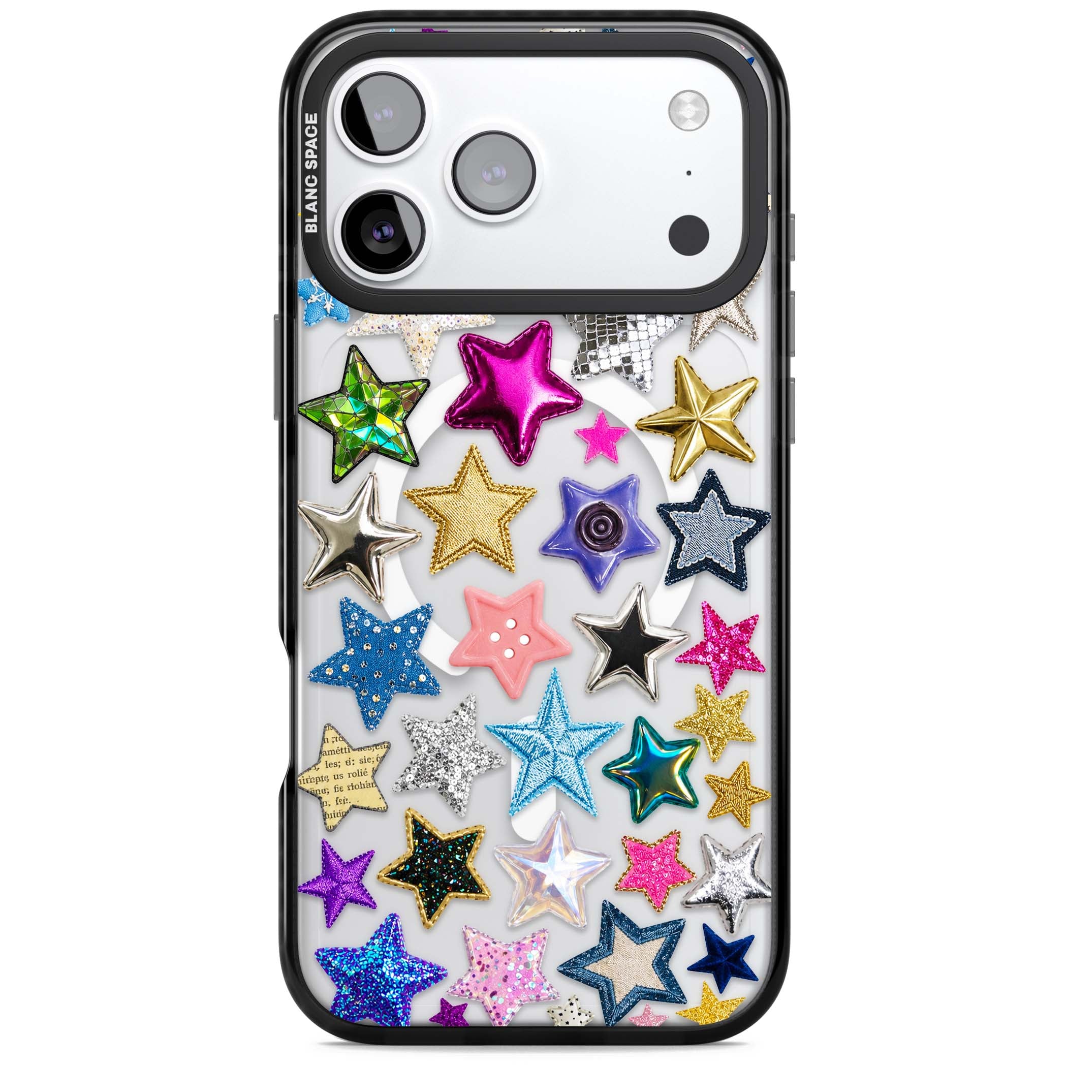 Crafty Star Mix Y2K iPhone case featuring embroidered, sequinned and glitter star patches in rainbow colours | Black Impact Magsafe case for iPhone 17 Pro, iPhone 17 Pro Max