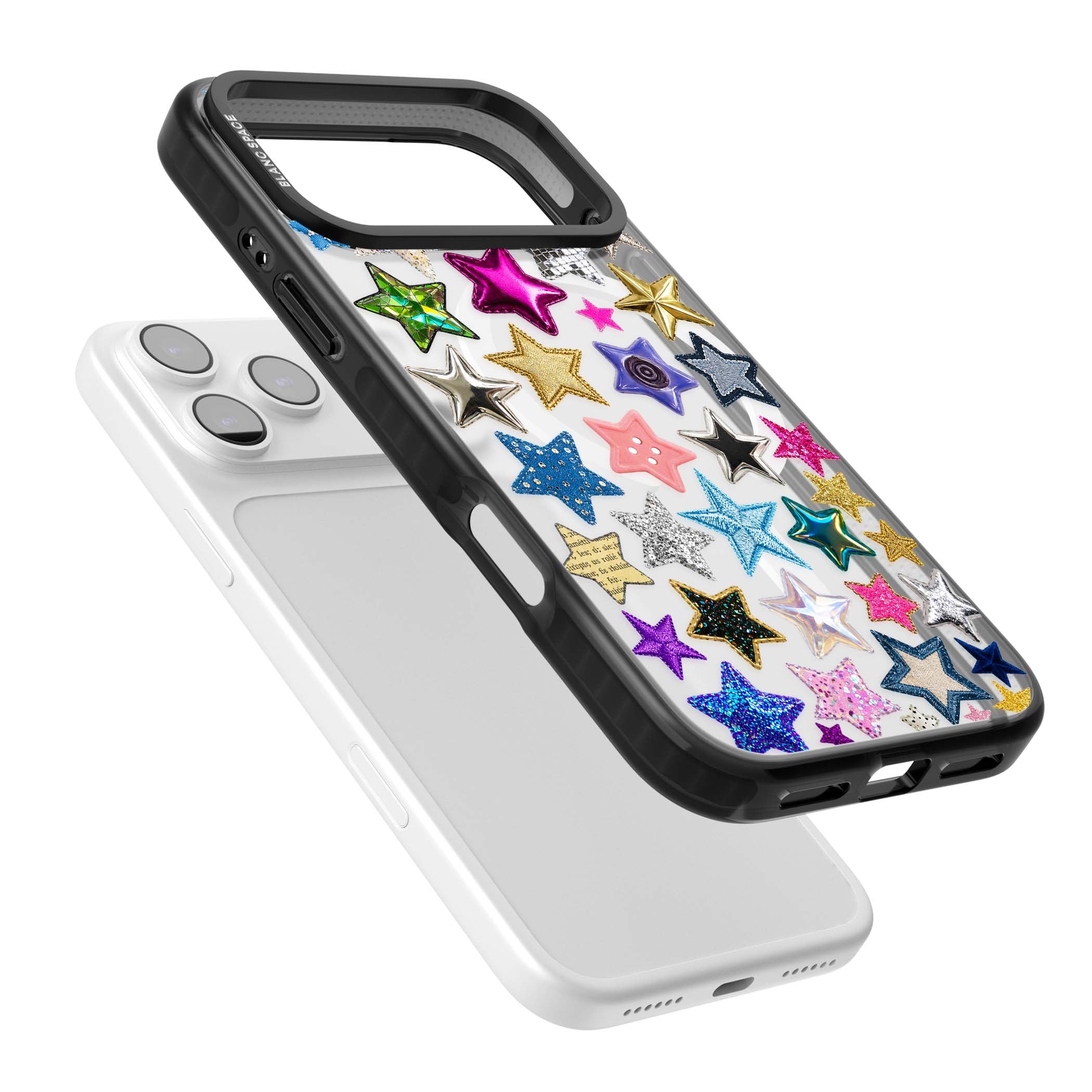 Crafty Star Mix Y2K iPhone case featuring embroidered, sequinned and glitter star patches in rainbow colours | Black Impact Magsafe case for iPhone 17 Pro, iPhone 17 Pro Max