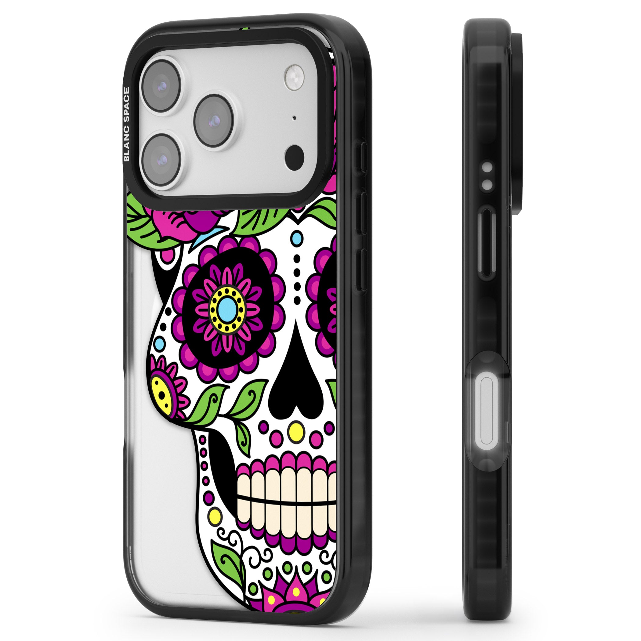 Purple Floral Sugar Skull iPhone 17 Pro Max Impact Pro Black Phone Case Side Profile