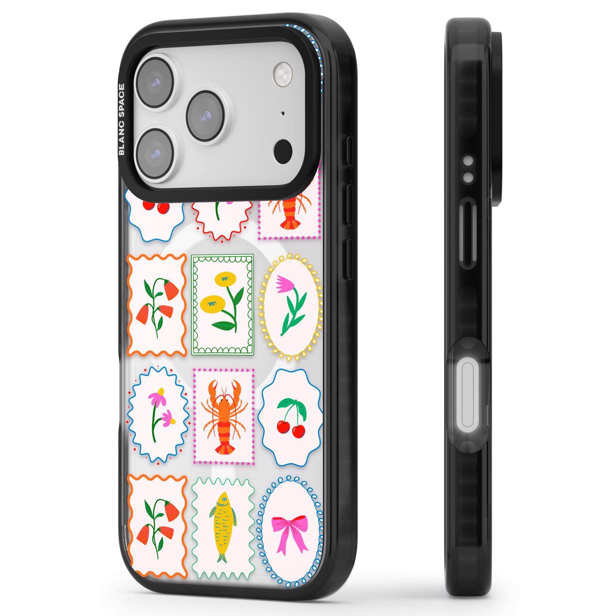 Floral Seafood Stamps iPhone 17 Pro Max Impact Pro Black Phone Case Side Profile