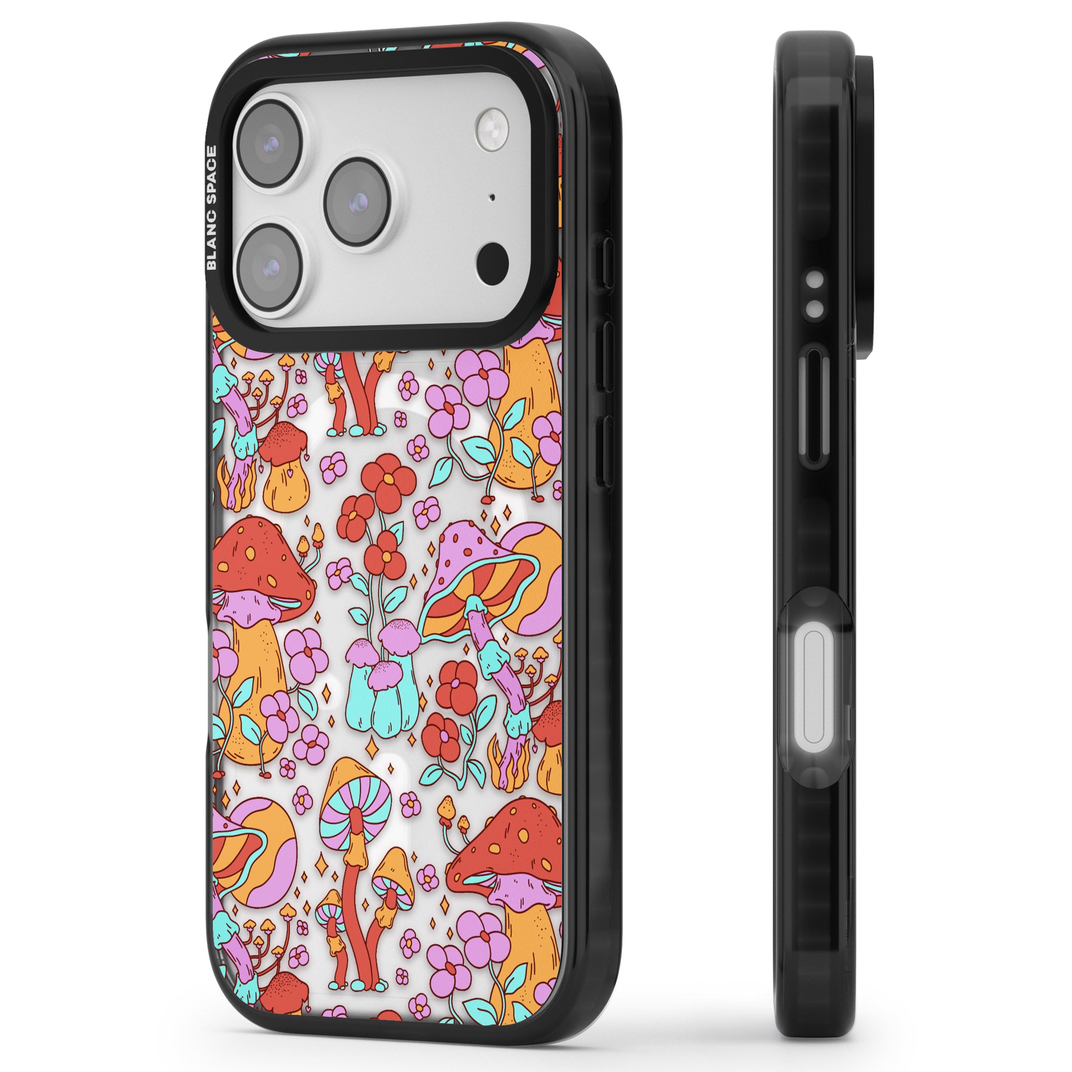 Psychedelic Flowers & Mushrooms iPhone 17 Pro Max Impact Pro Black Phone Case Side Profile