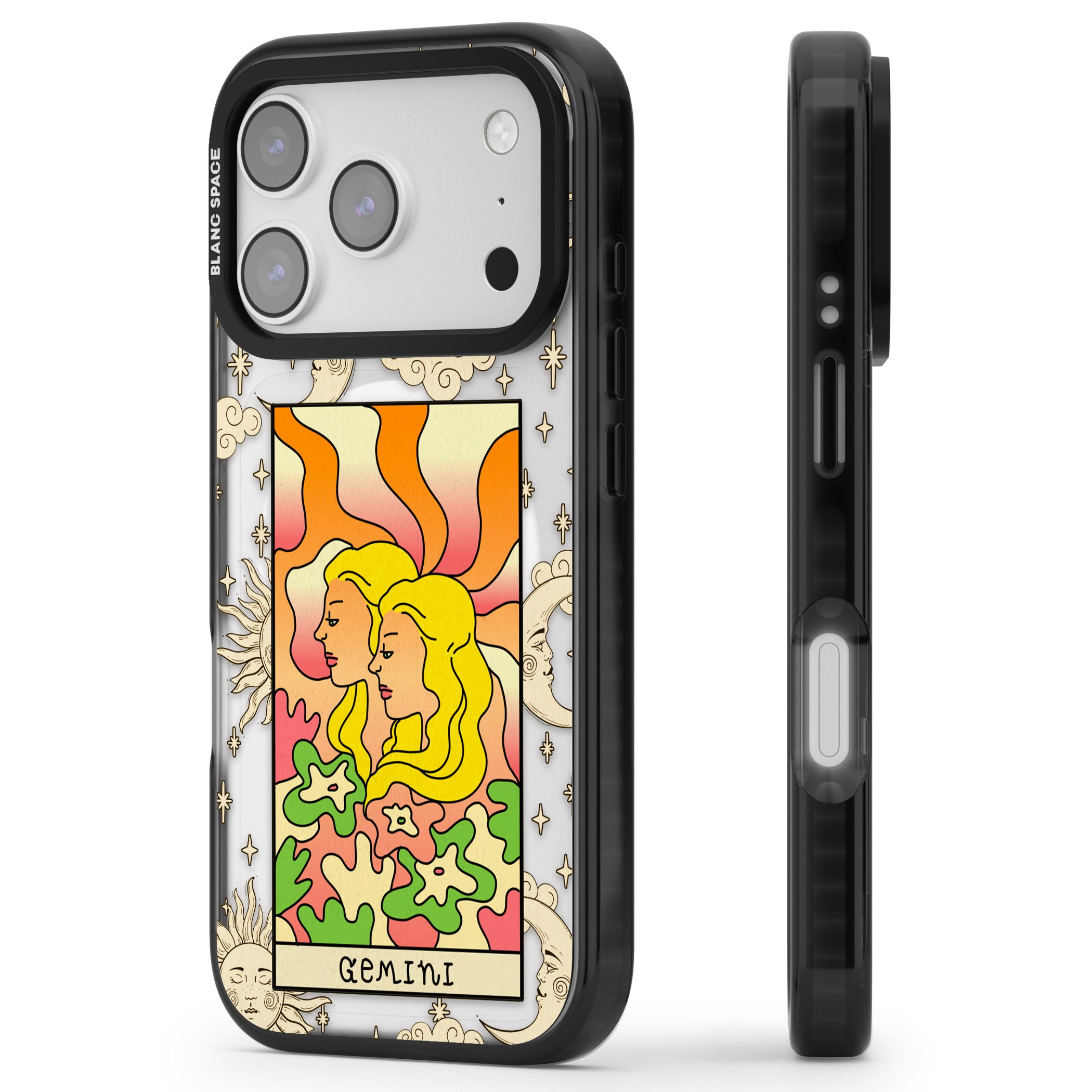 Celestial Zodiac Gemini iPhone 17 Pro Max Impact Pro Black Phone Case Side Profile