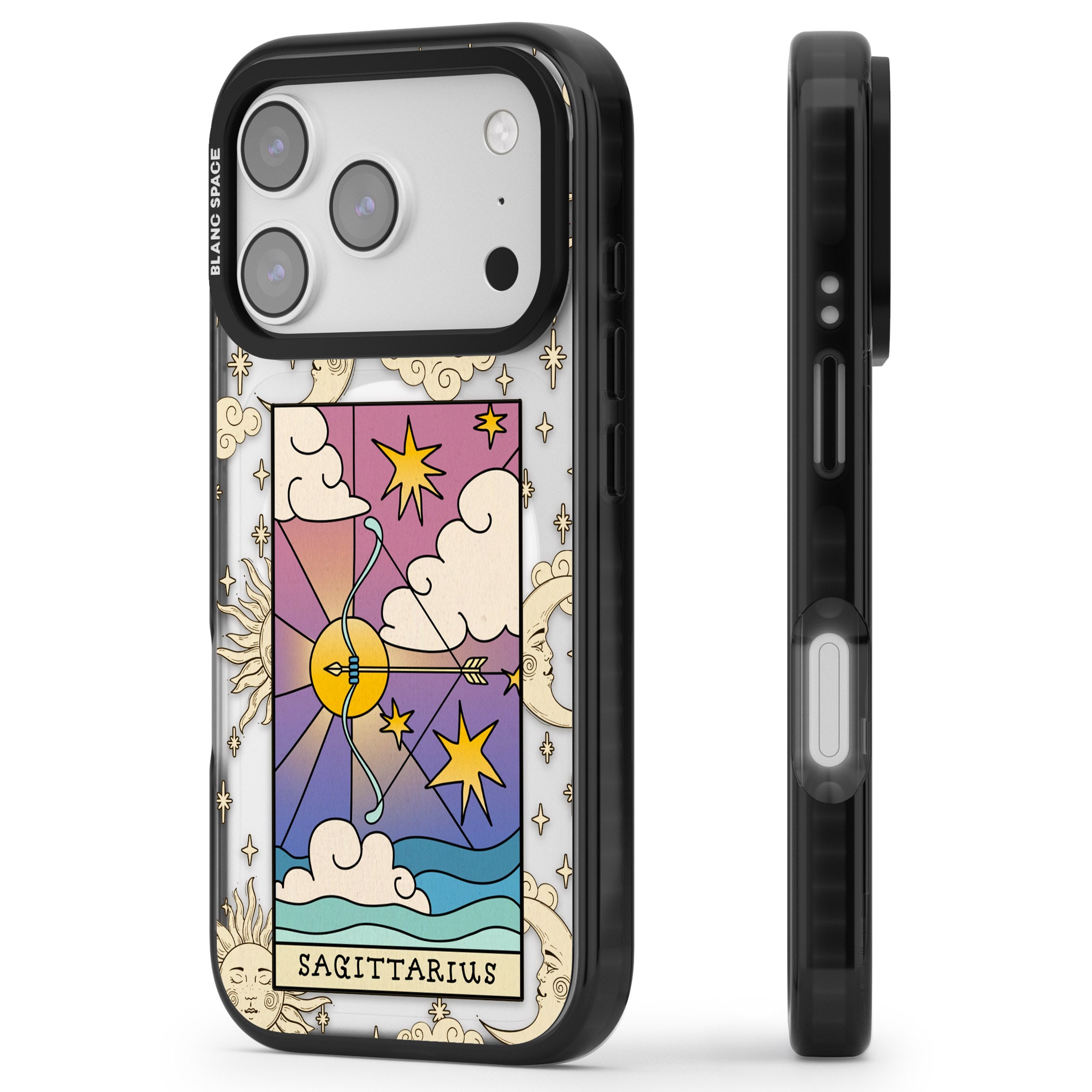 Celestial Zodiac Sagittarius iPhone 17 Pro Max Impact Pro Black Phone Case Side Profile