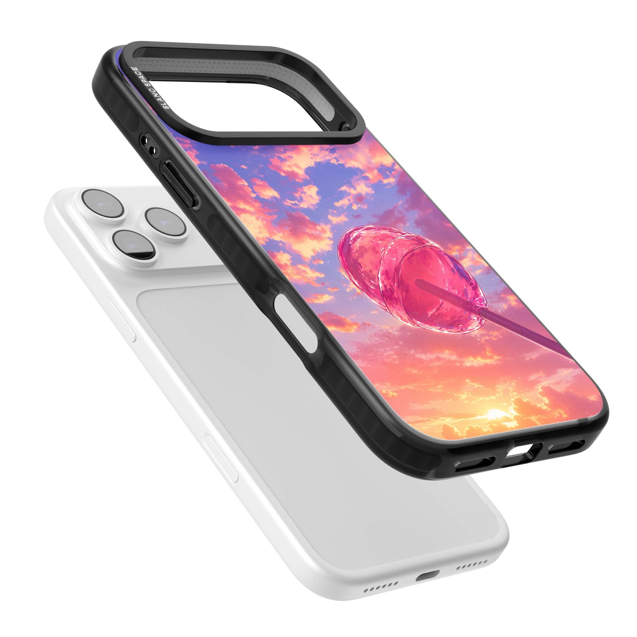 Sugar Sunset candy aesthetic iPhone case featuring a pink lollipop, pastel sunset sky and dreamy clouds | Black Impact Magsafe case for iPhone 17 Pro, iPhone 17 Pro Max