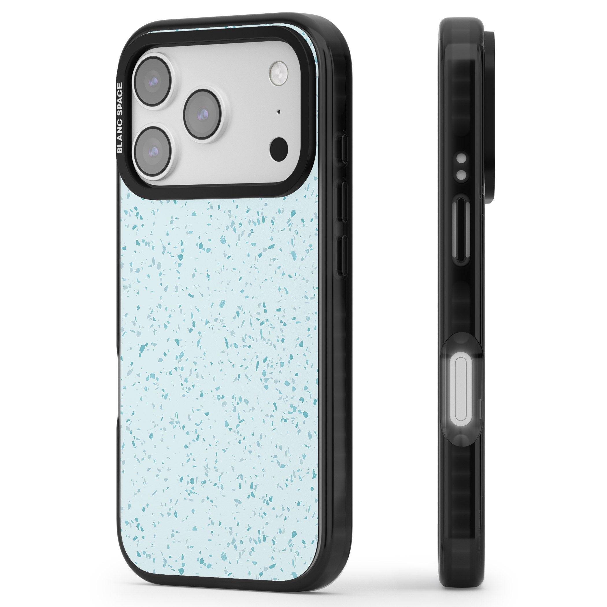 Light Blue Terrazzo Pattern iPhone 17 Pro Max Impact Pro Black Phone Case Side Profile