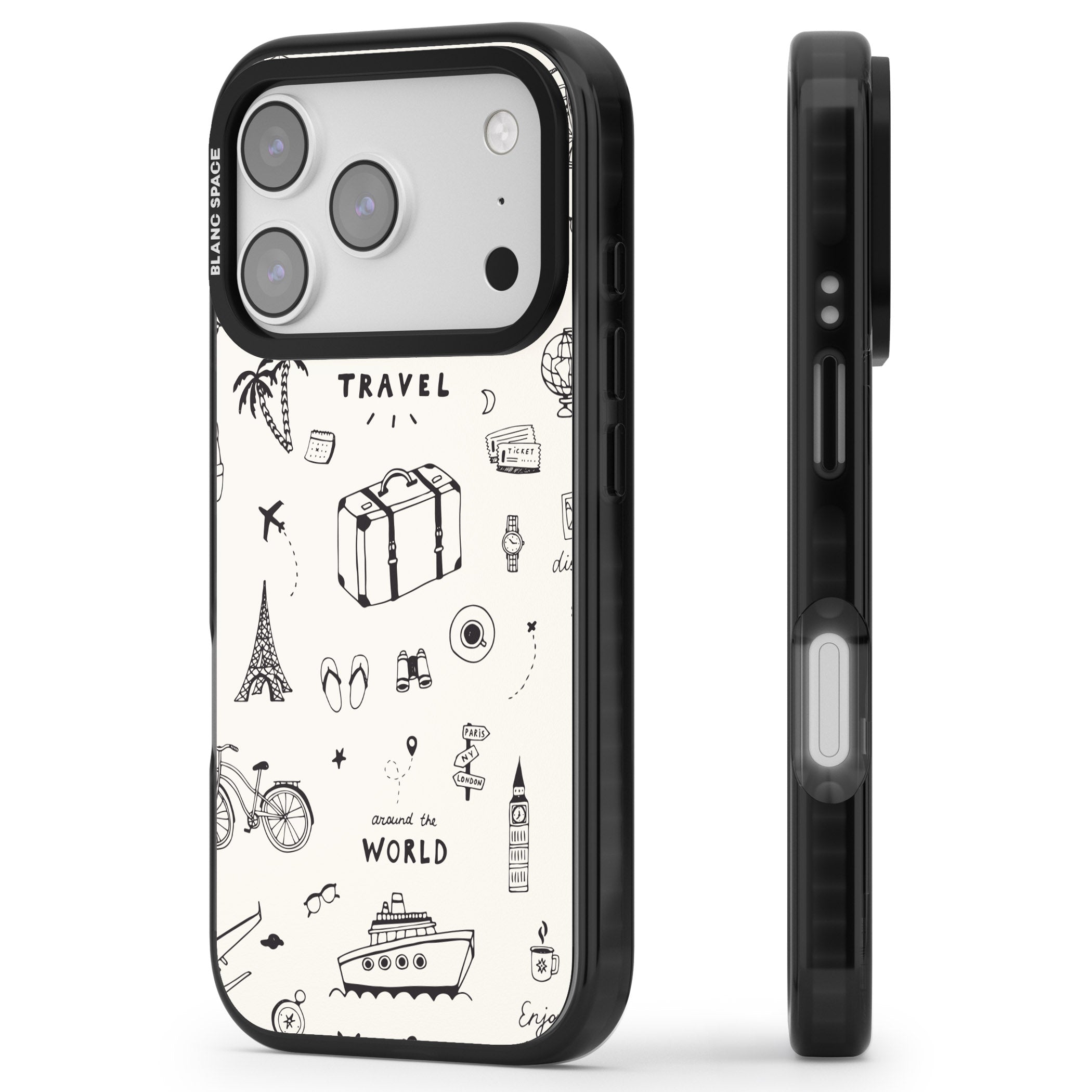 Cute Travel Pattern, White On iPhone 17 Pro Max Impact Pro Black Phone Case Side Profile