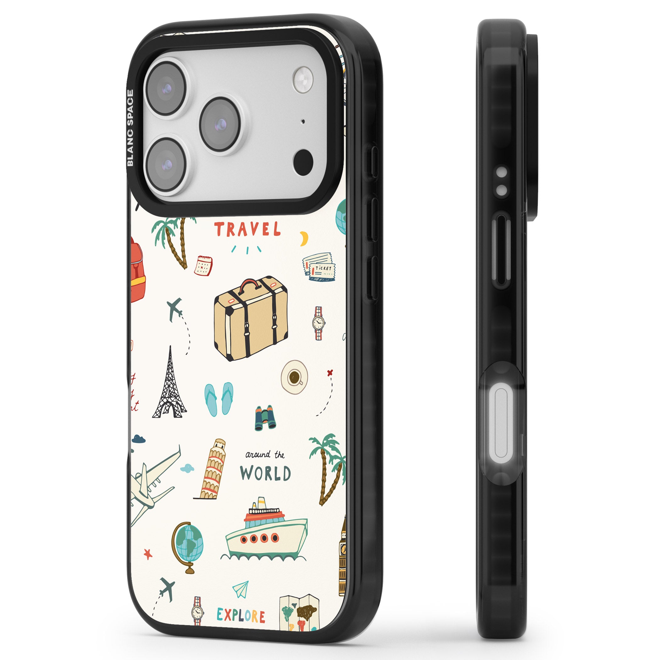 Cute Travel Pattern Cream iPhone 17 Pro Max Impact Pro Black Phone Case Side Profile