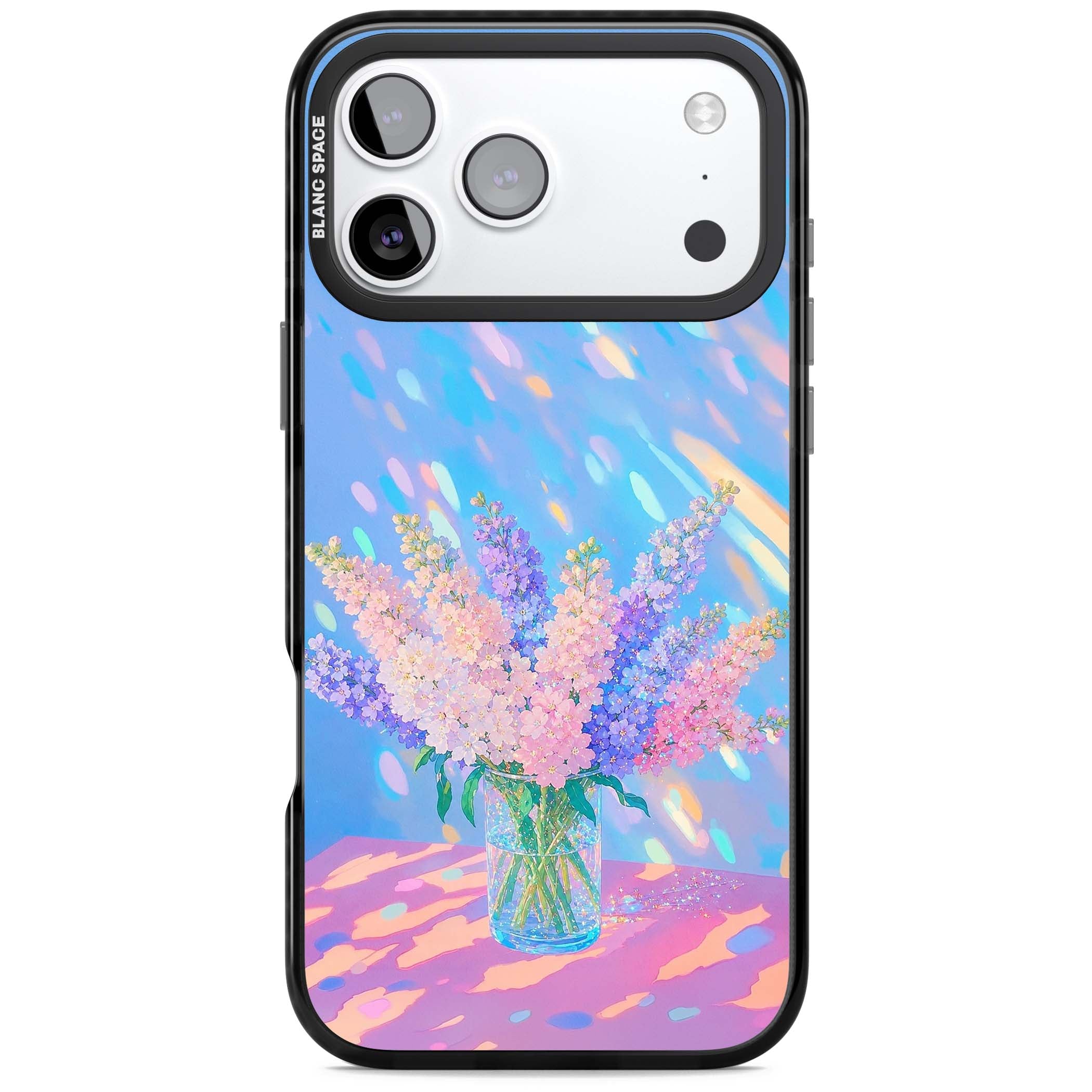 Bubblegum Flowers floral iPhone case featuring pastel lilac and pink bouquet in a glass vase with iridescent light | Black Impact Magsafe case for iPhone 17 Pro, iPhone 17 Pro Max