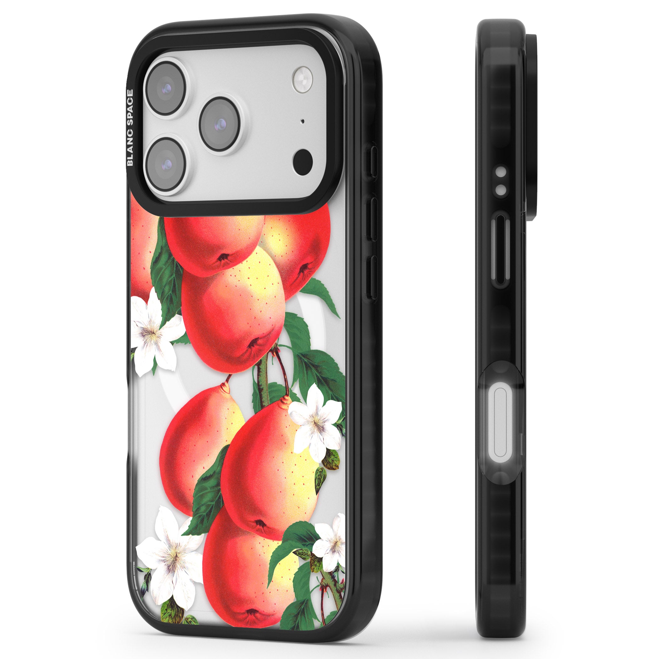 Vintage Painted Peaches iPhone 17 Pro Max Impact Pro Black Phone Case Side Profile