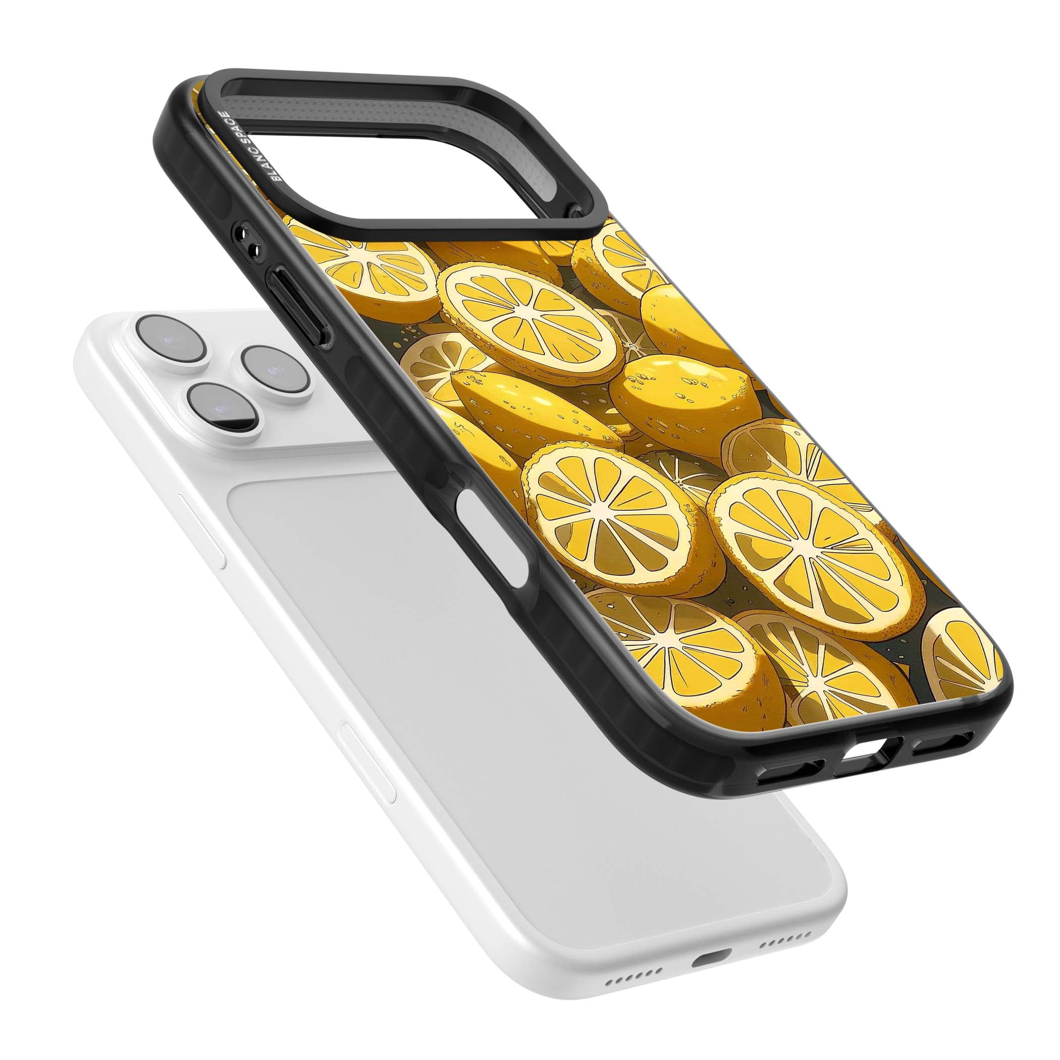 Zesty coastal iPhone case featuring illustrated Mediterranean lemons and citrus slices in golden yellow | Black Impact Magsafe case for iPhone 17 Pro, iPhone 17 Pro Max
