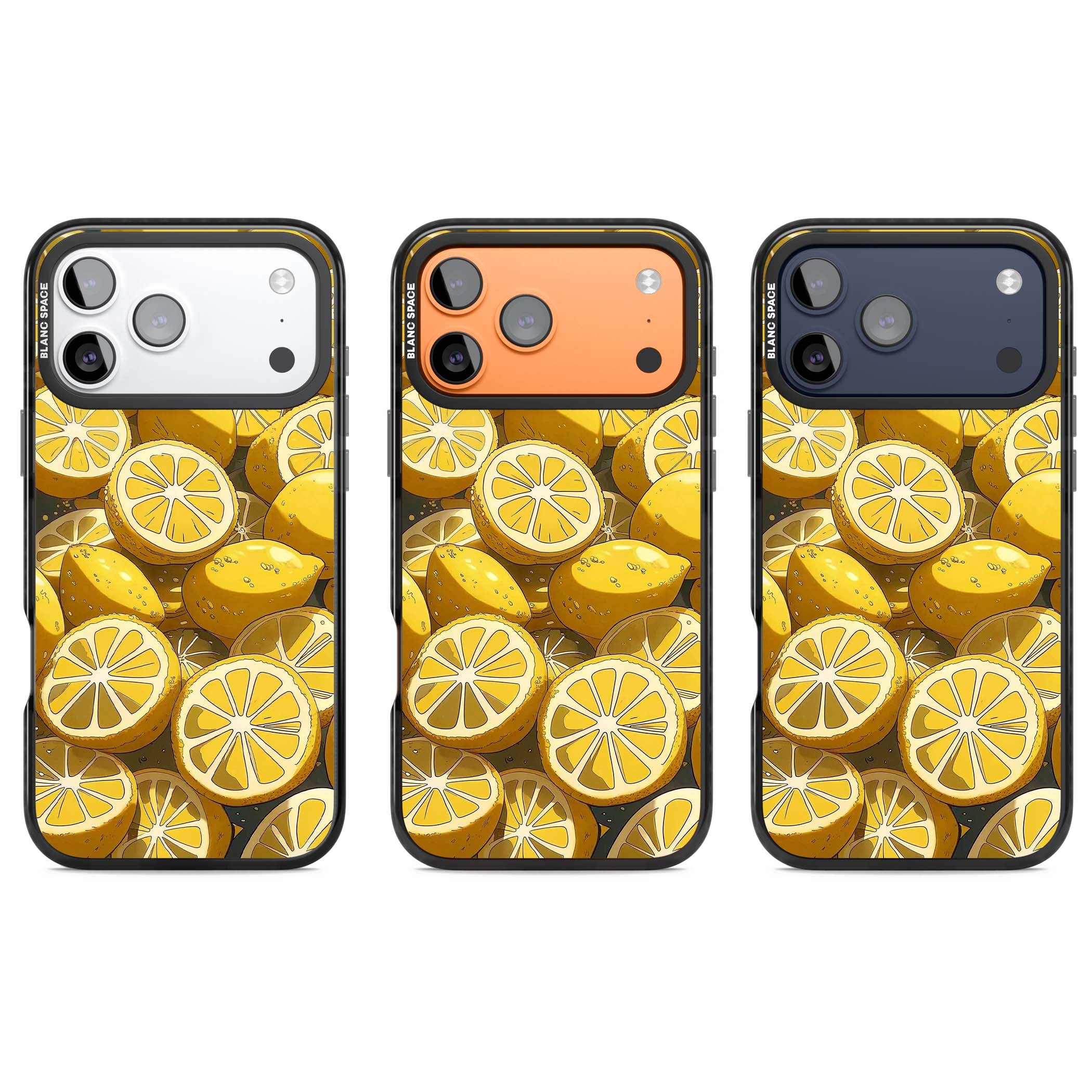 Zesty coastal iPhone case featuring illustrated Mediterranean lemons and citrus slices in golden yellow | Black Impact Magsafe case for iPhone 17 Pro, iPhone 17 Pro Max