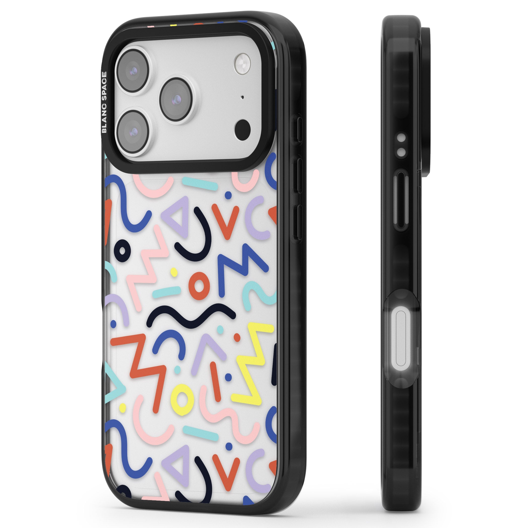 Memphis Retro Pattern iPhone 17 Pro Max Impact Black Phone Case Side Profile