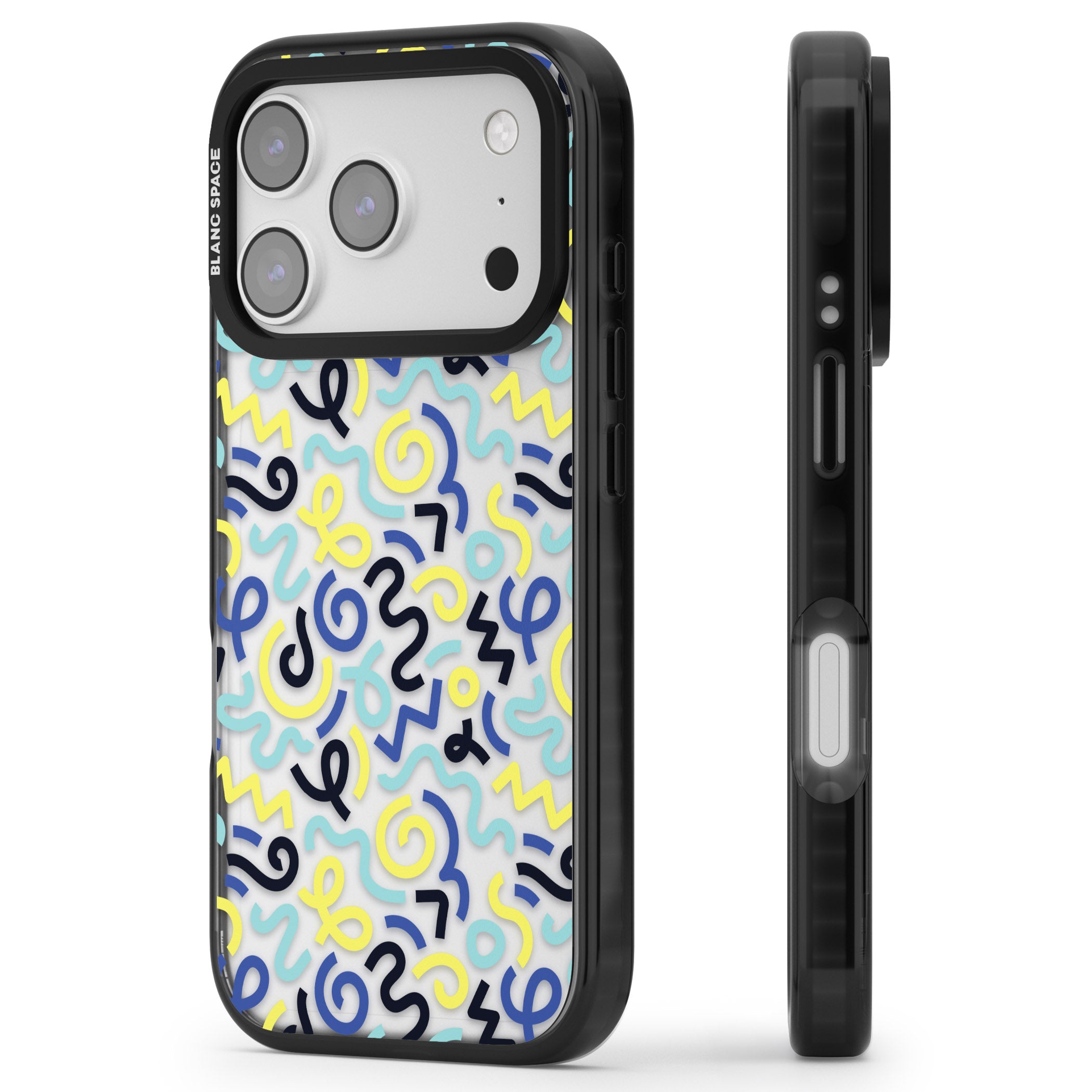 Blue & Yellow Memphis Retro iPhone 17 Pro Max Impact Black Phone Case Side Profile