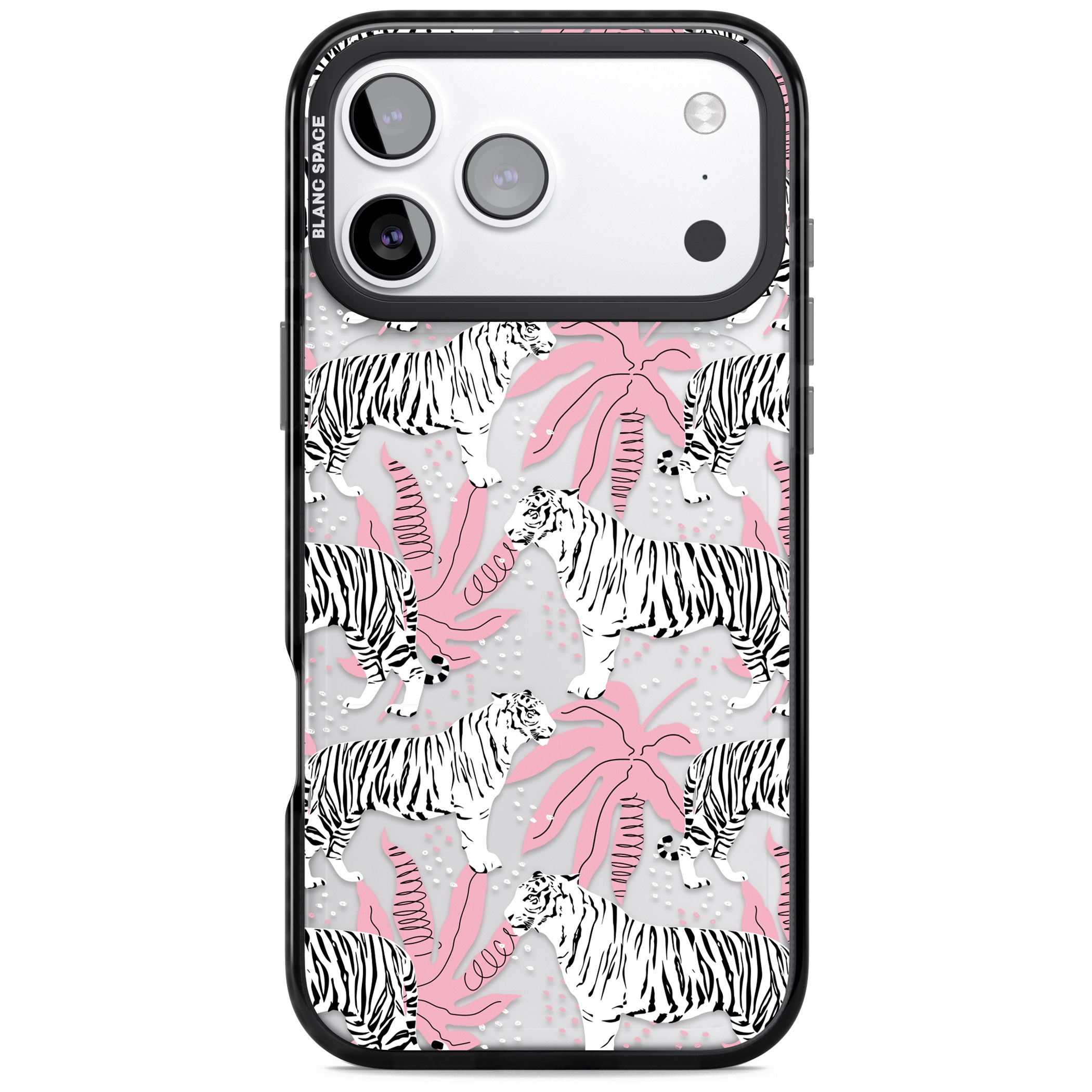 Pink & White Tropical Tigers iPhone 17 Pro Max Impact Black Phone Case