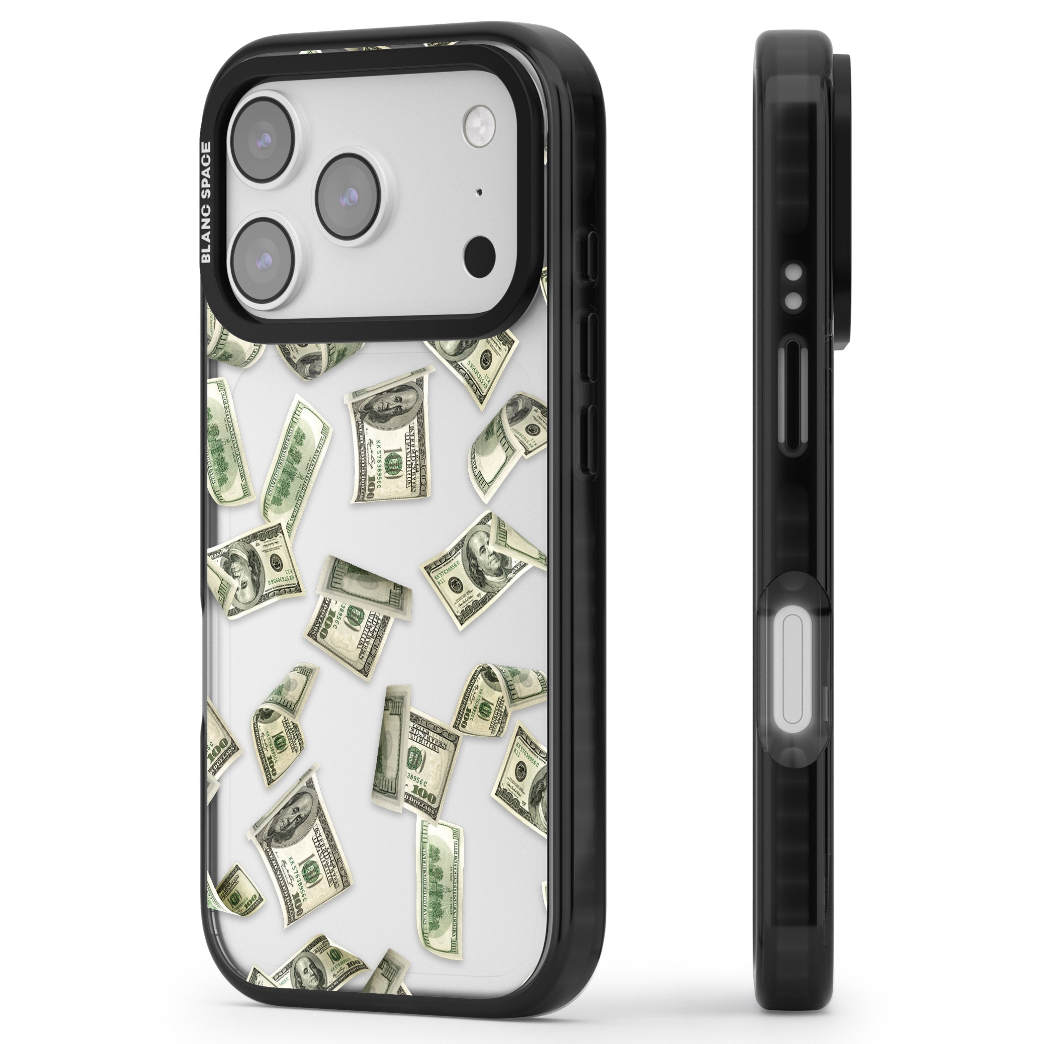 Falling Cash iPhone 17 Pro Max Impact Black Phone Case Side Profile