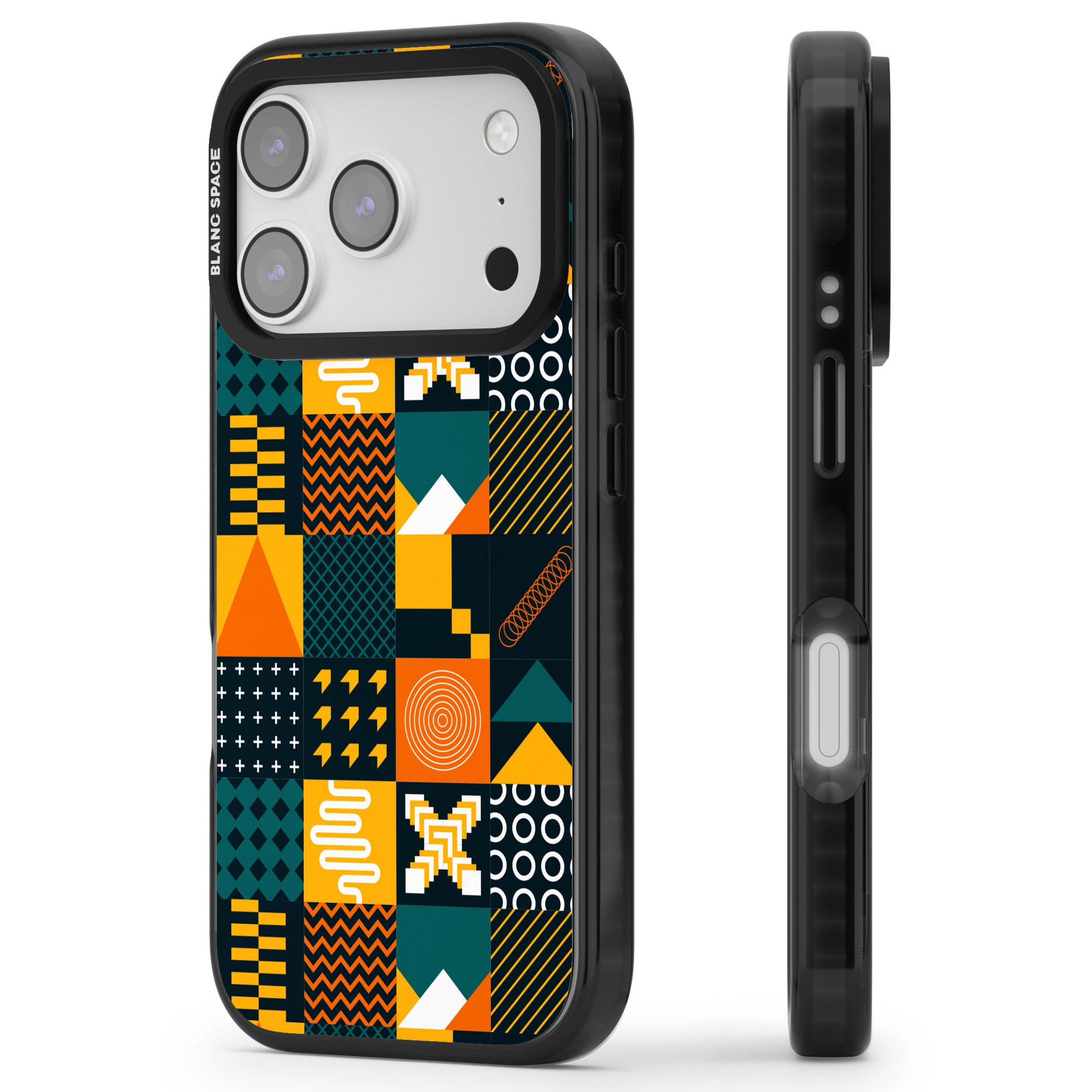 Funky Geometric Patterns: Orange & Dark Green iPhone 17 Pro Max Impact Black Phone Case Side Profile