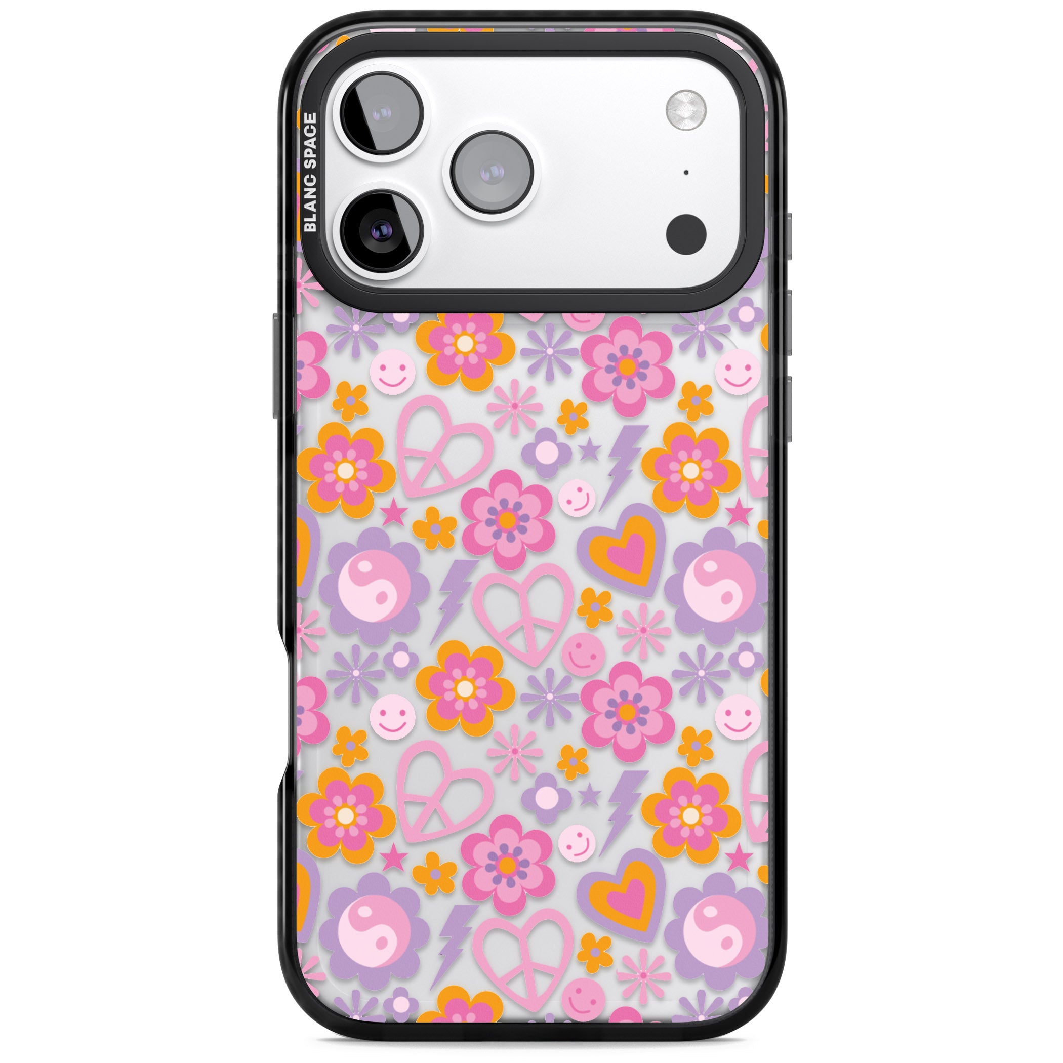 Peace, Love And Flowers Pattern iPhone 17 Pro Max Impact Black Phone Case