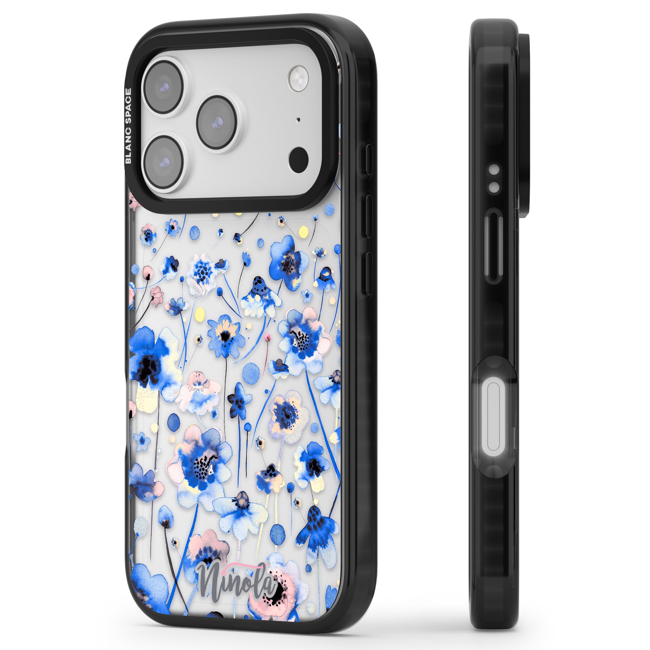 Ink Flowers Blue iPhone 17 Pro Max Impact Black Phone Case Side Profile