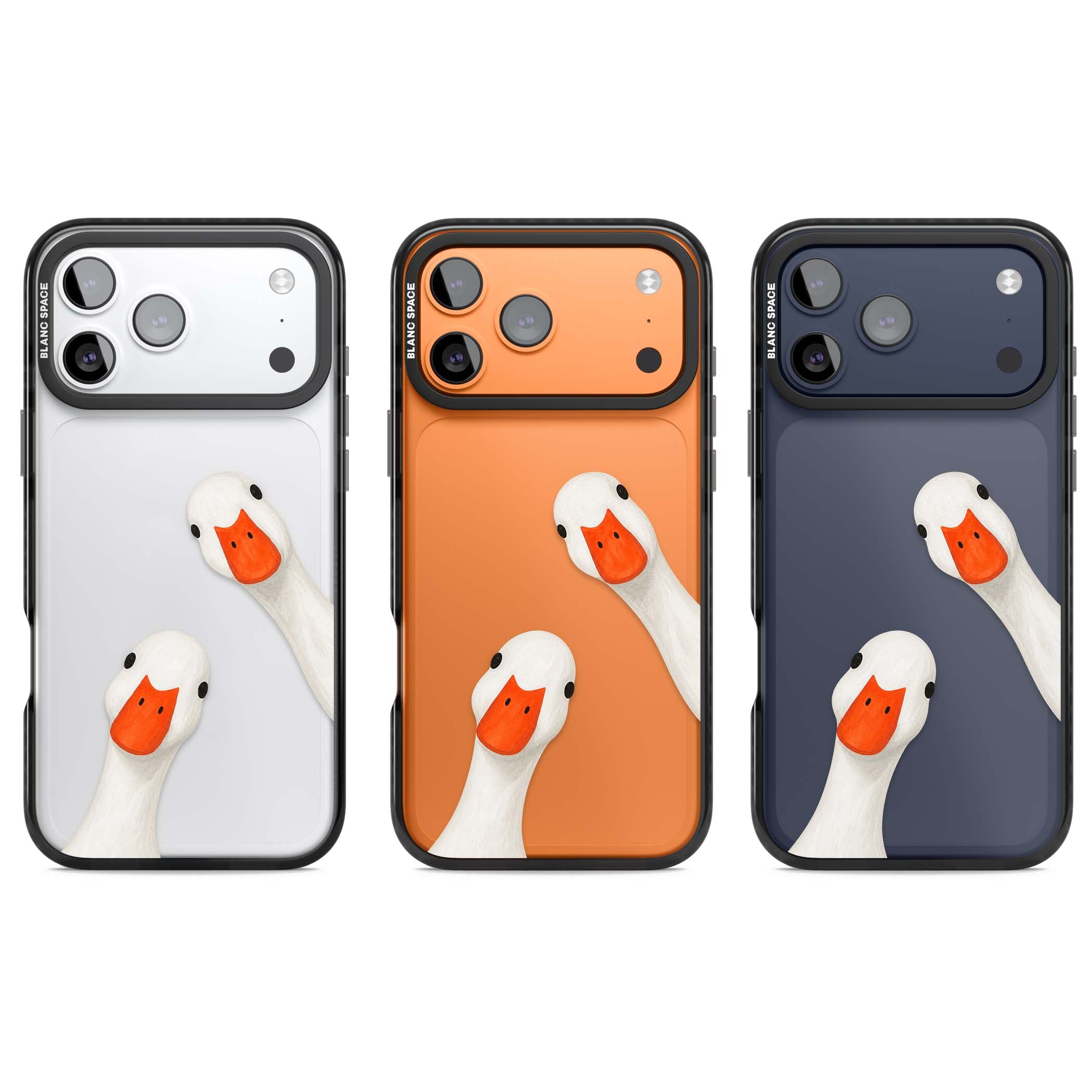 Nosy Ducks cottagecore iPhone case featuring two peeking white ducks with orange beaks on a clear background | Clear Impact case for iPhone 17 Pro, iPhone 17 Pro Max