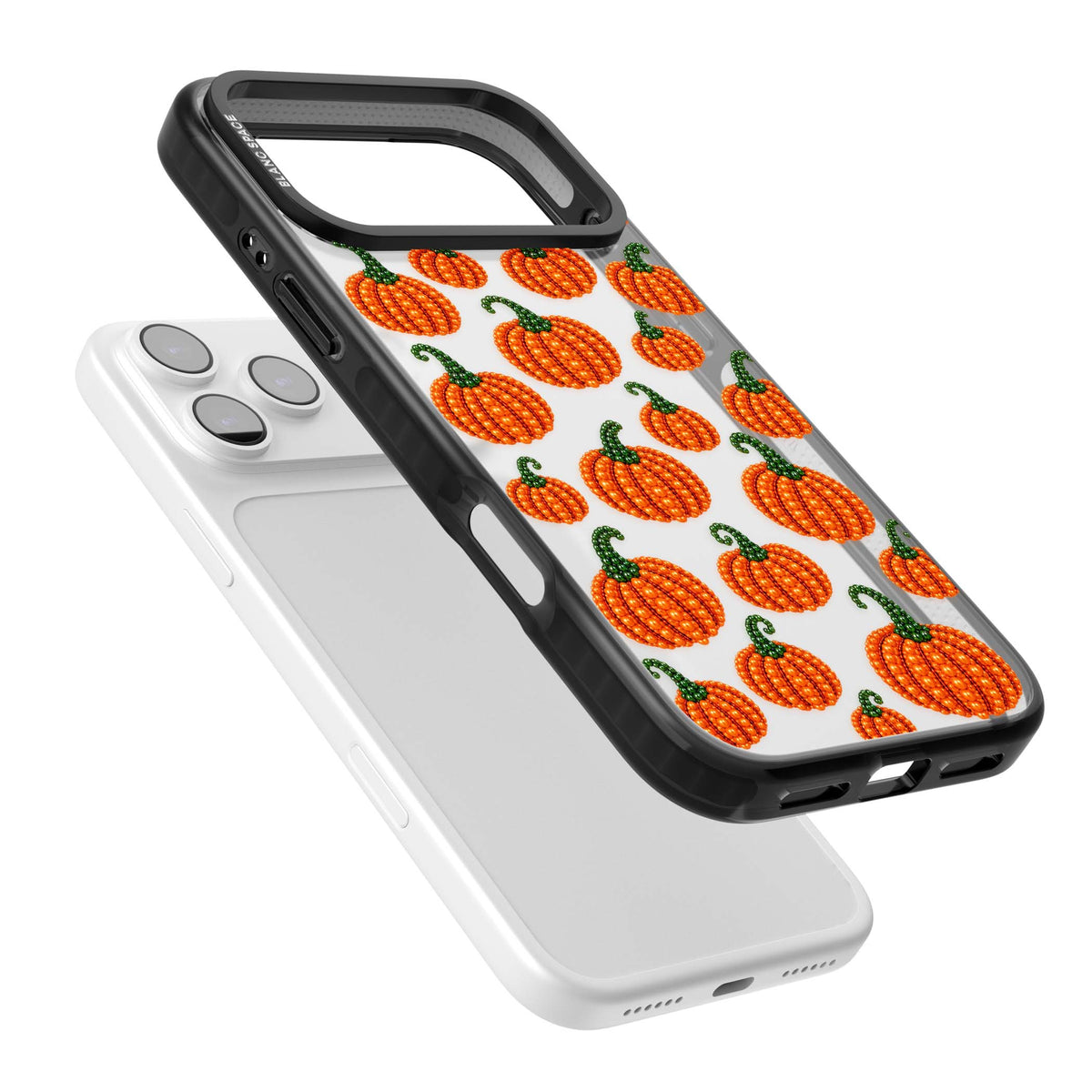 Beaded Pumpkins halloween iPhone case featuring beaded orange pumpkins with green stems on a clear background | Clear Impact case for iPhone 17 Pro, iPhone 17 Pro Max