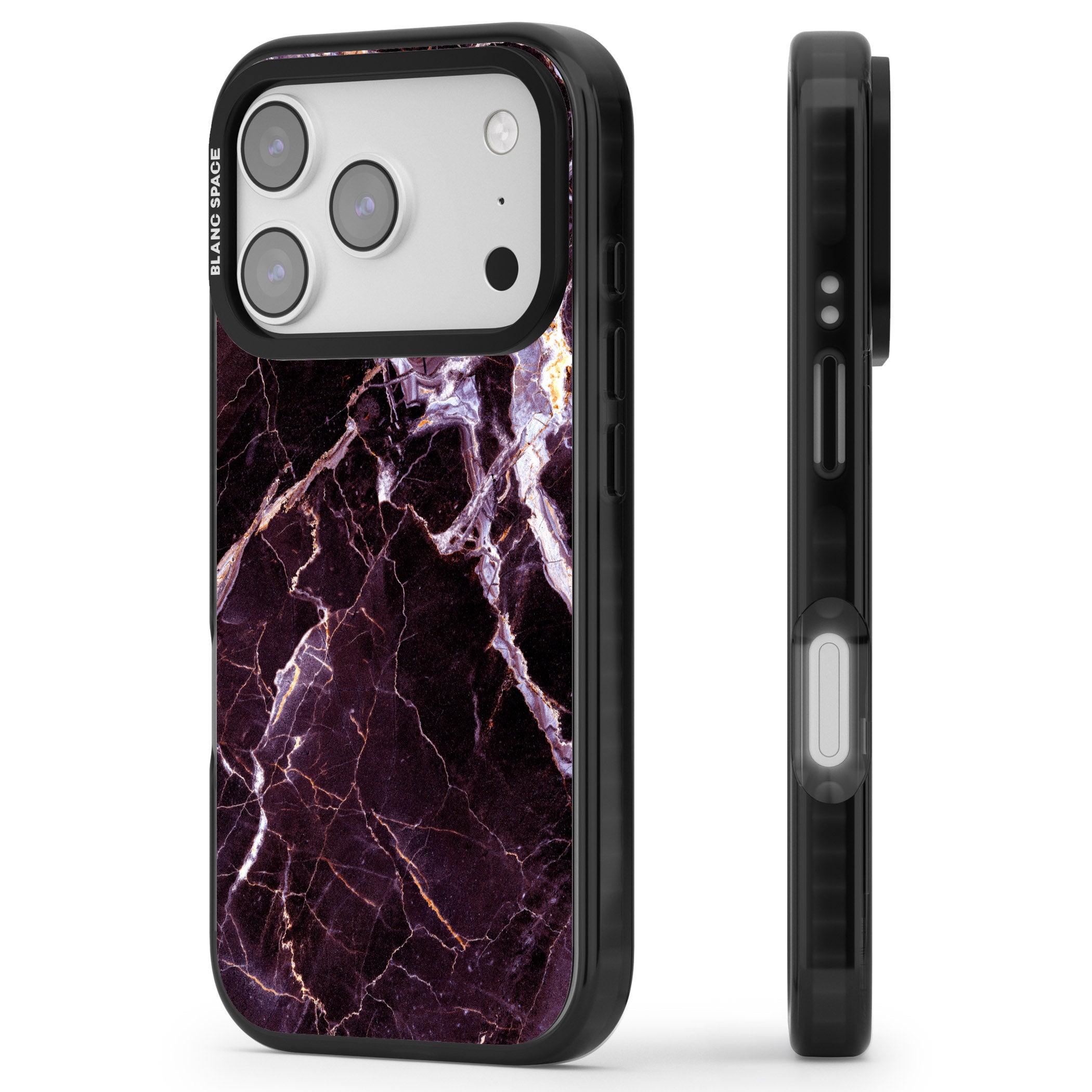 Violet Shatter Marble iPhone 17 Pro Max Impact Black Phone Case Side Profile