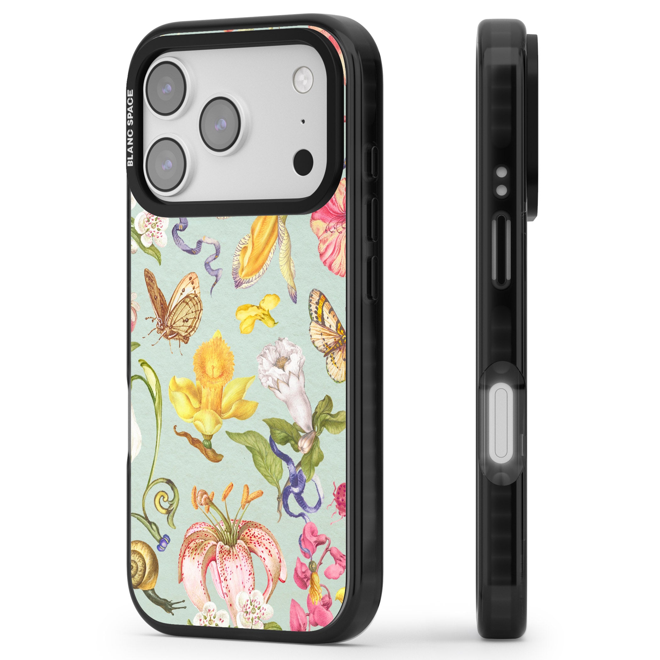 Blue Vintage Painted Flowers iPhone 17 Pro Max Impact Black Phone Case Side Profile