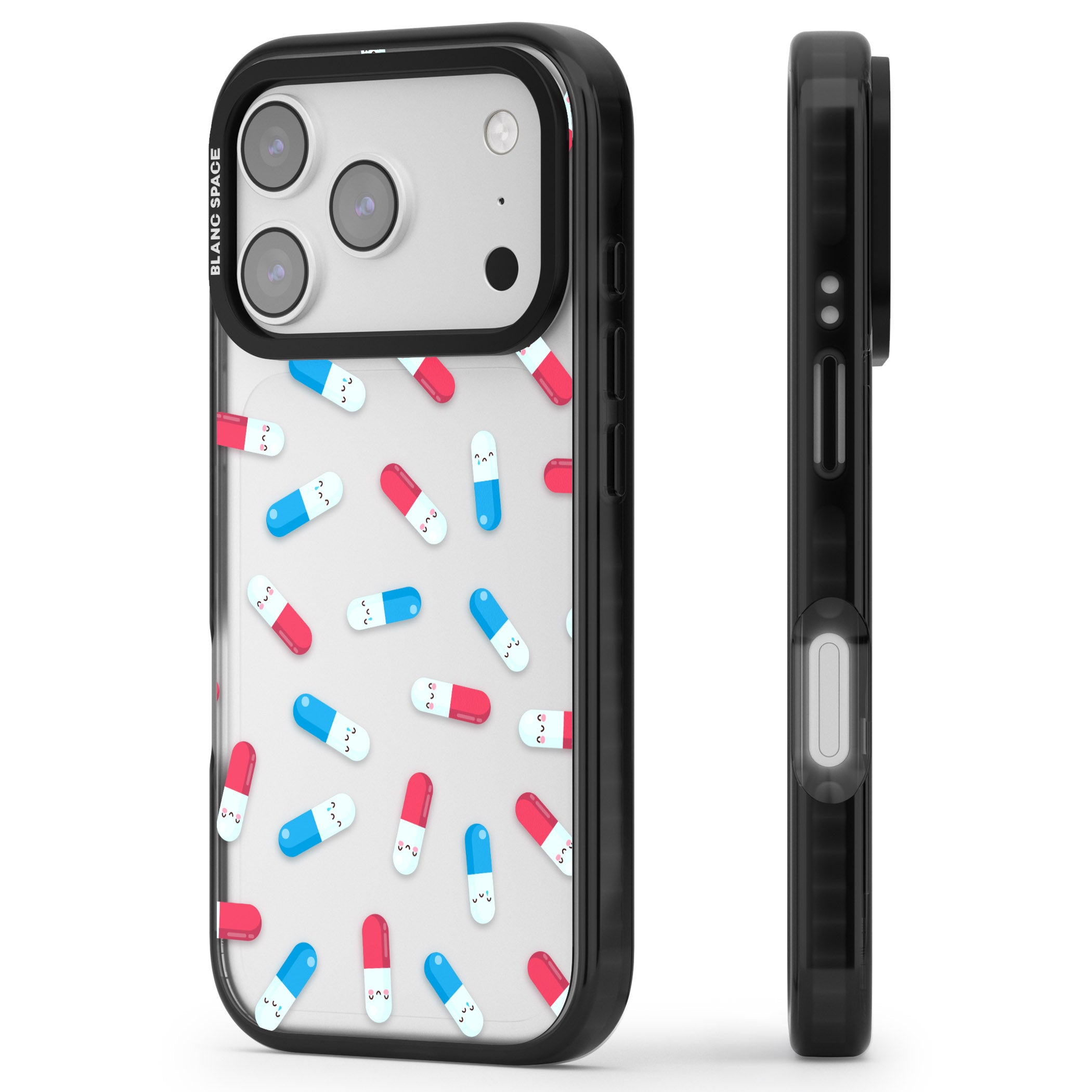 Kawaii Pill Pattern iPhone 17 Pro Max Impact Black Phone Case Side Profile