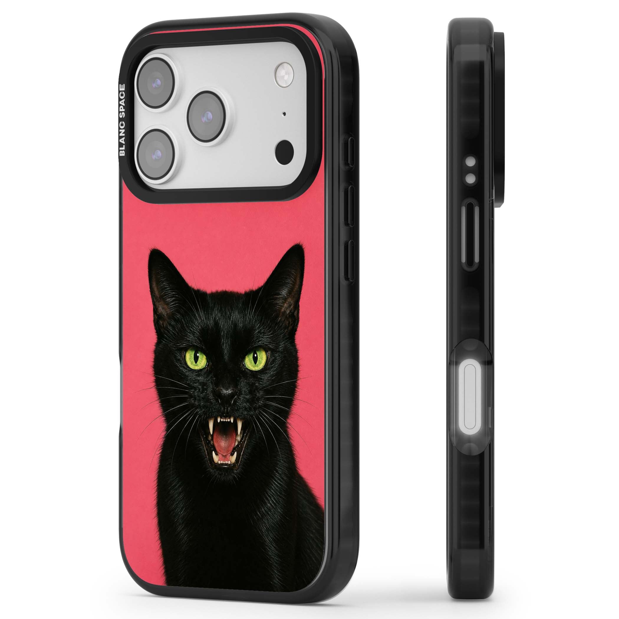 Hissin' Baddie black cat iPhone case featuring a hissing feline with green eyes on a hot pink background | Clear Impact case for iPhone 17 Pro, iPhone 17 Pro Max