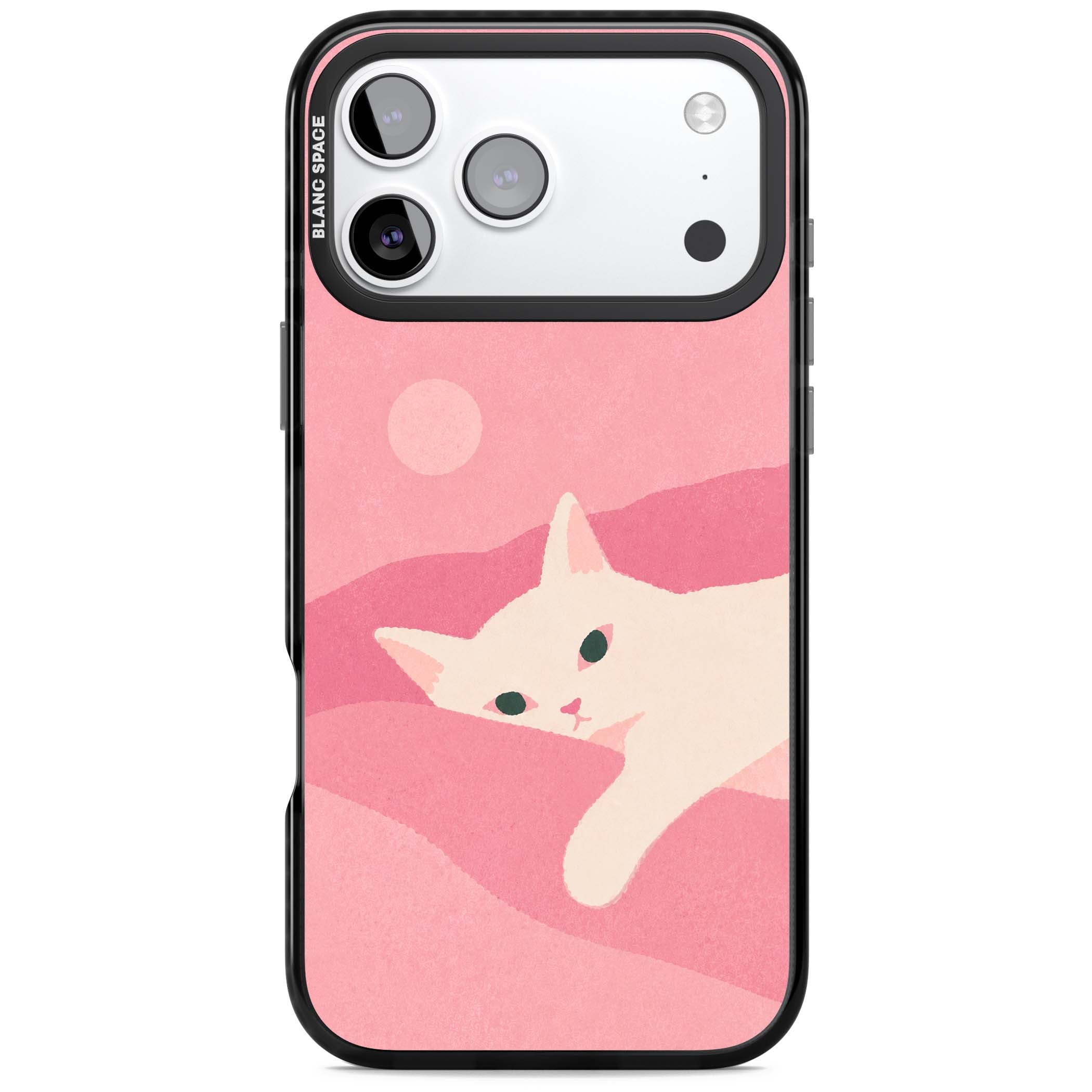 Pink Dreams cute cat iPhone case featuring a white kitten, soft pink hills and a pale pastel sun | Clear Impact case for iPhone 17 Pro, iPhone 17 Pro Max