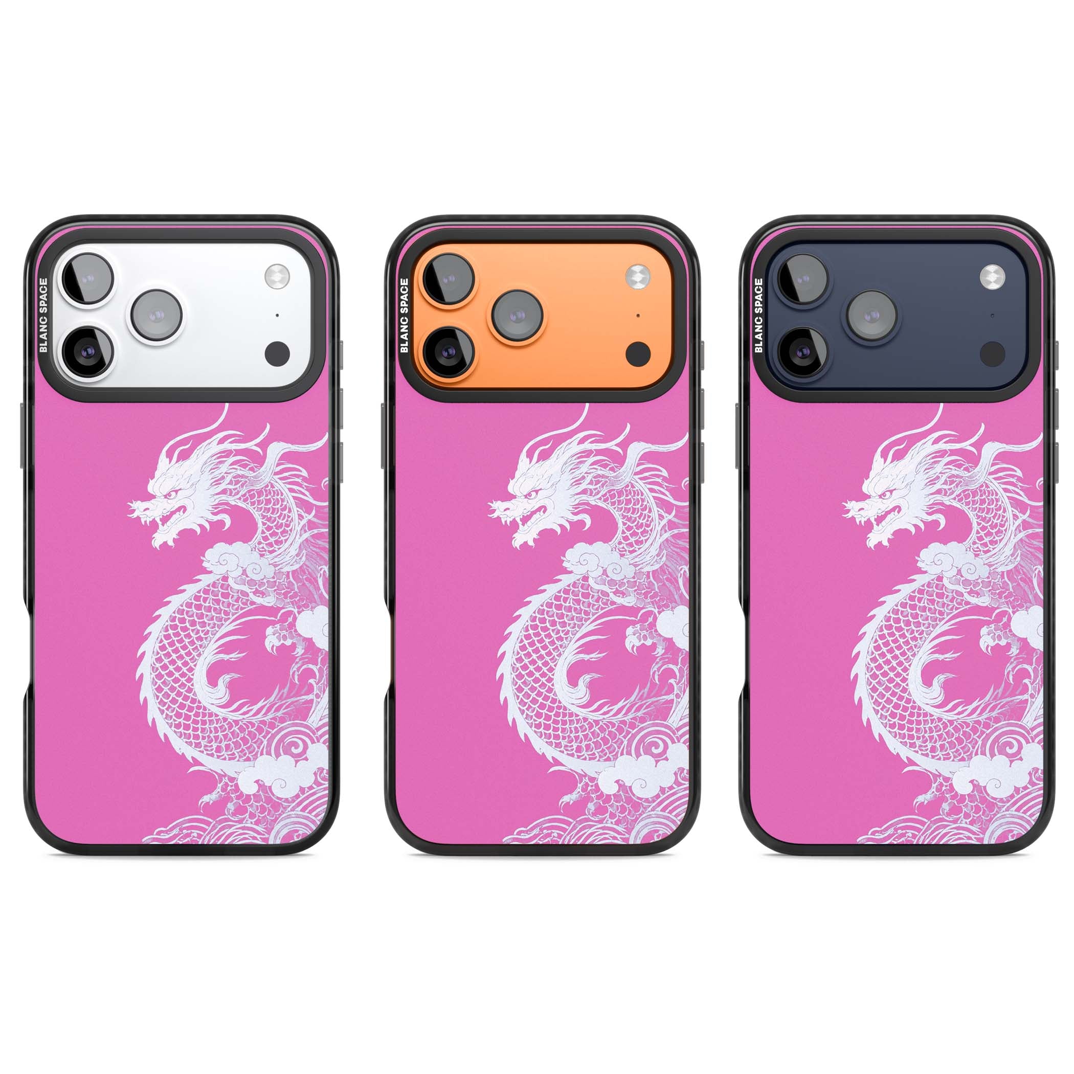 Pink Empress chinese dragon iPhone case featuring a white dragon, swirling clouds and pink dragon wallpaper backdrop | Clear Impact case for iPhone 17 Pro, iPhone 17 Pro Max