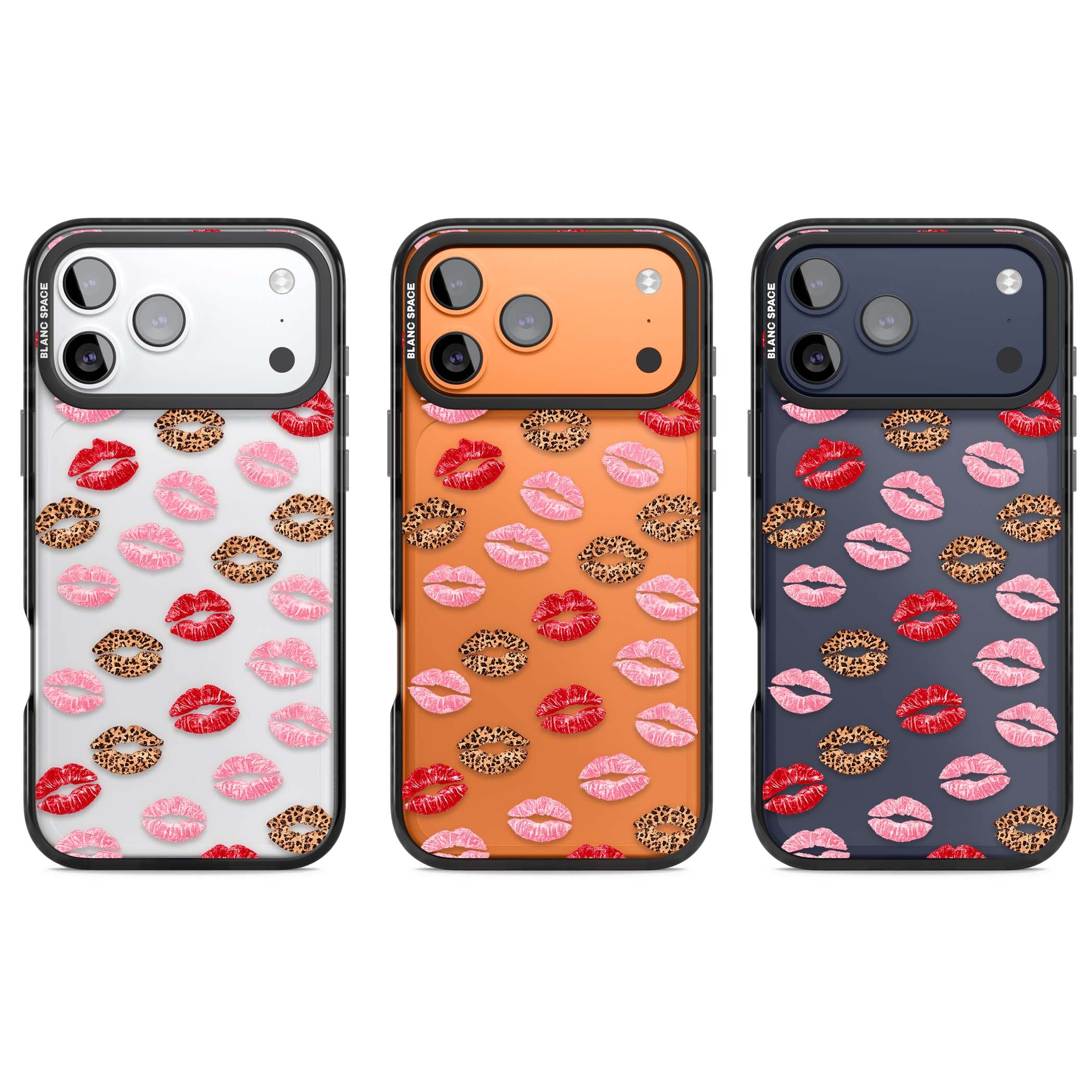 Wild Kisses coquette iPhone case featuring red, pink and leopard print lipstick kiss marks on a clear background | Clear Impact case for iPhone 17 Pro, iPhone 17 Pro Max