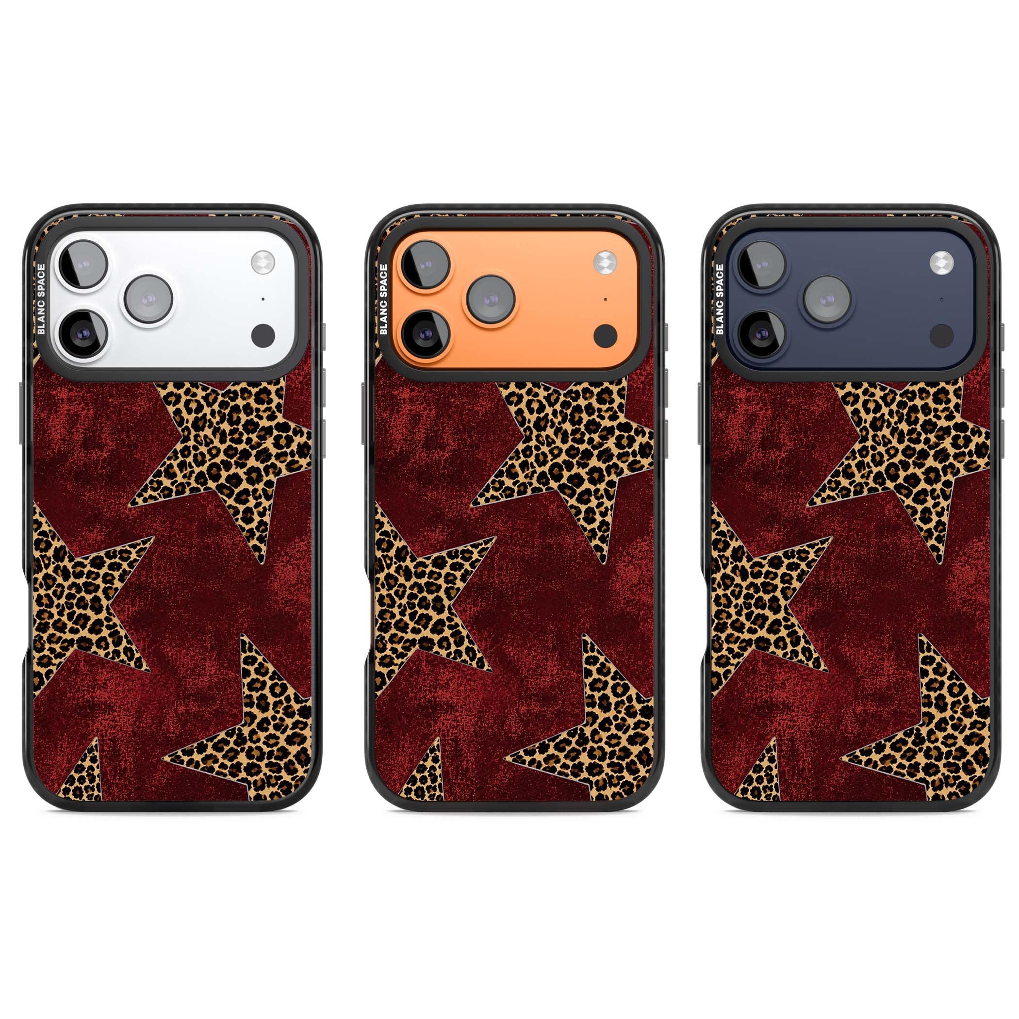 Showgirl leopard print iPhone case featuring cheetah print stars on distressed red grunge background | Clear Impact case for iPhone 17 Pro, iPhone 17 Pro Max