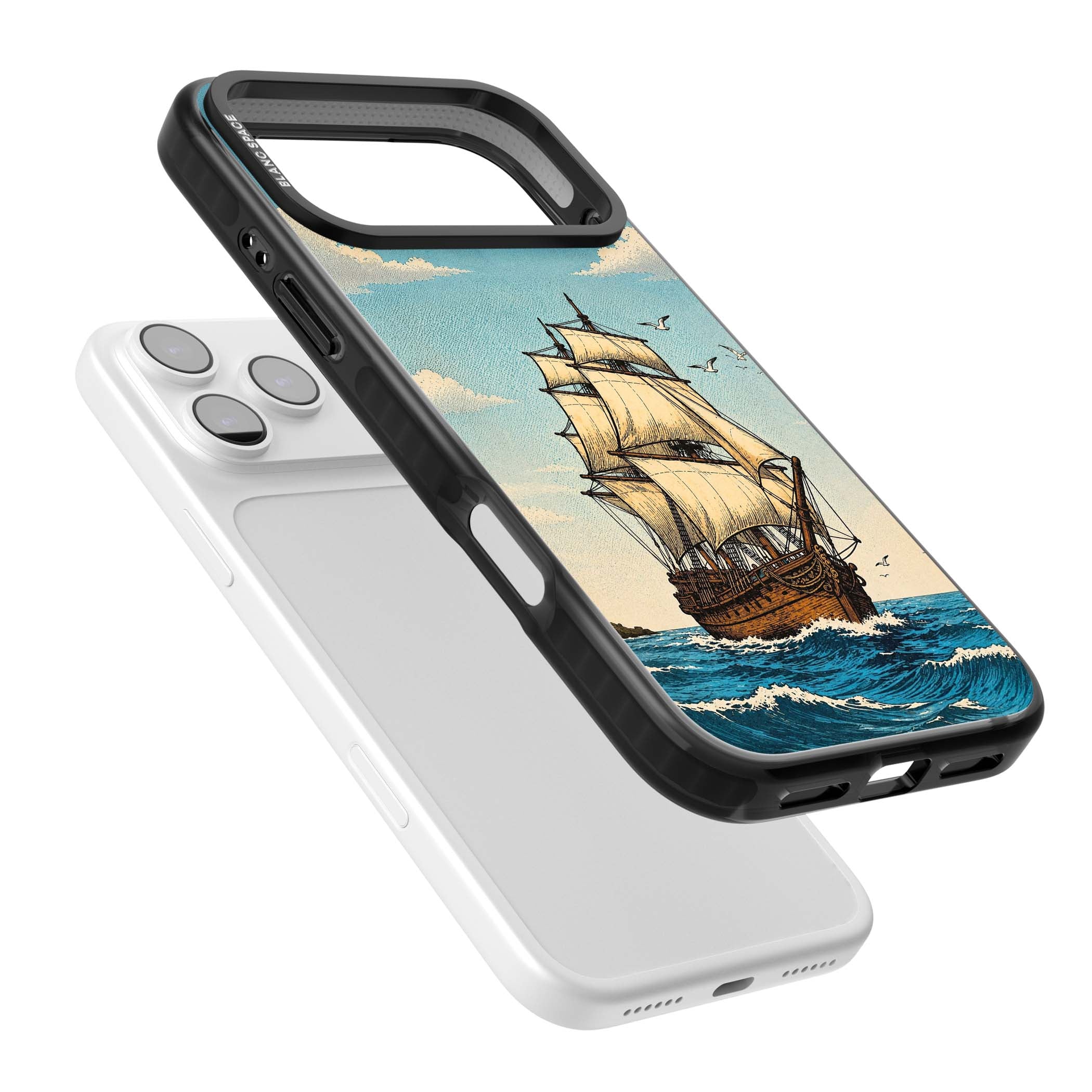 Ship at Sea nautical iPhone case featuring a vintage tall ship, ocean waves and seagulls | Clear Impact case for iPhone 17 Pro, iPhone 17 Pro Max
