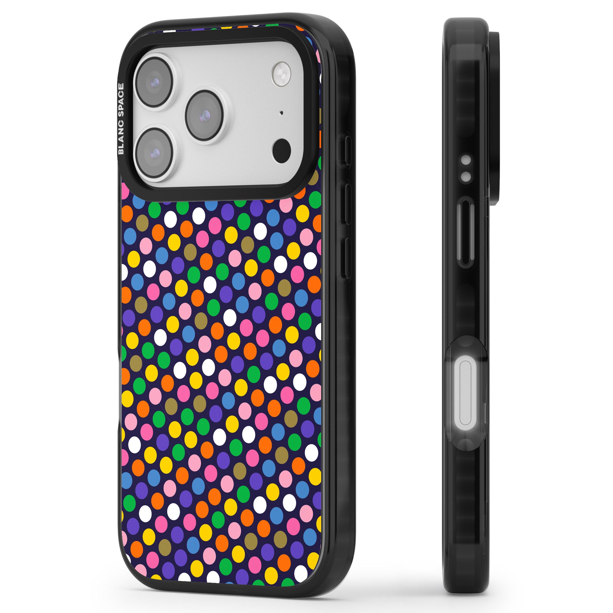 Multicolour Polka Dot Fiesta (Purple) iPhone 17 Pro Max Impact Black Phone Case Side Profile