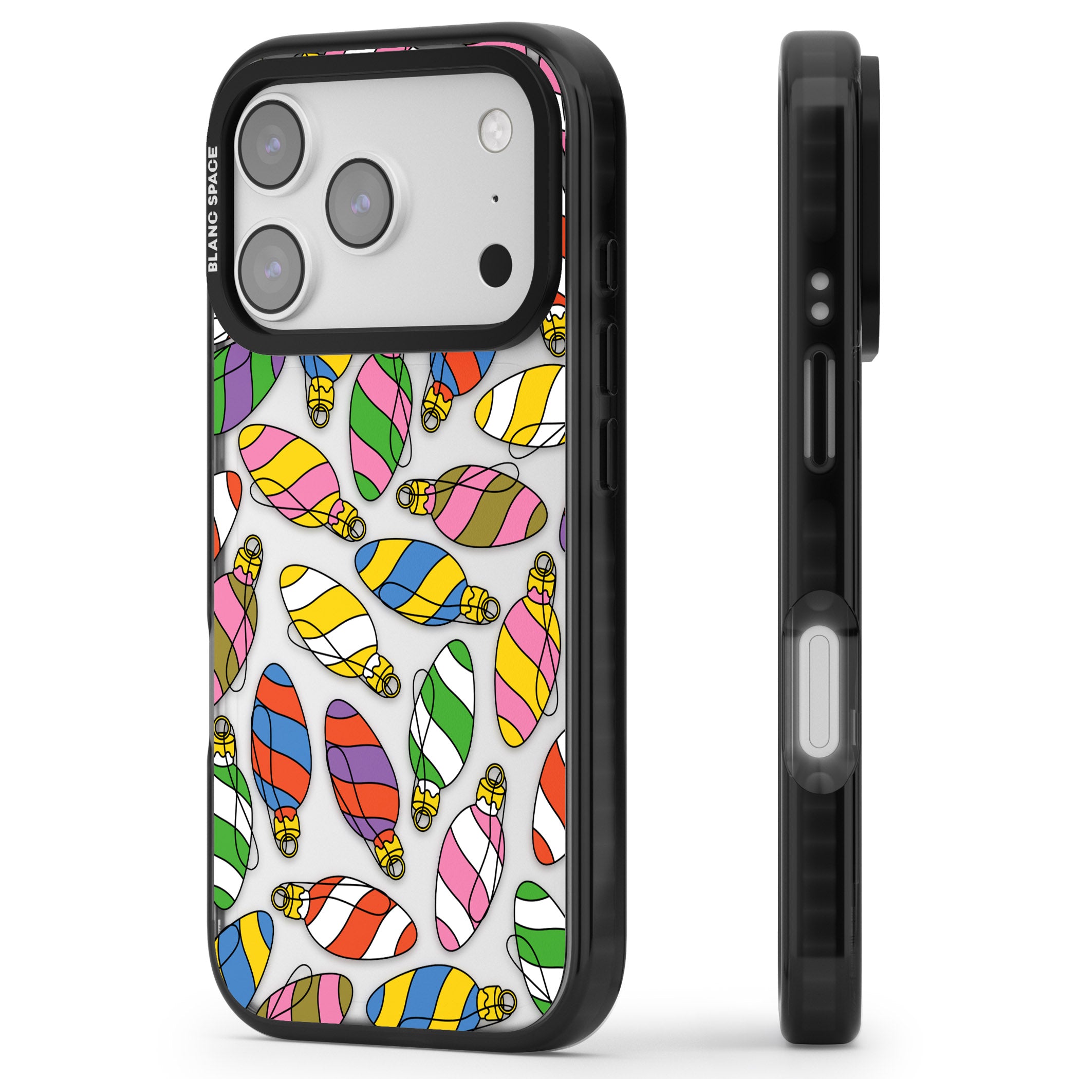 Colourful Holiday Ornaments iPhone 17 Pro Max Impact Black Phone Case Side Profile