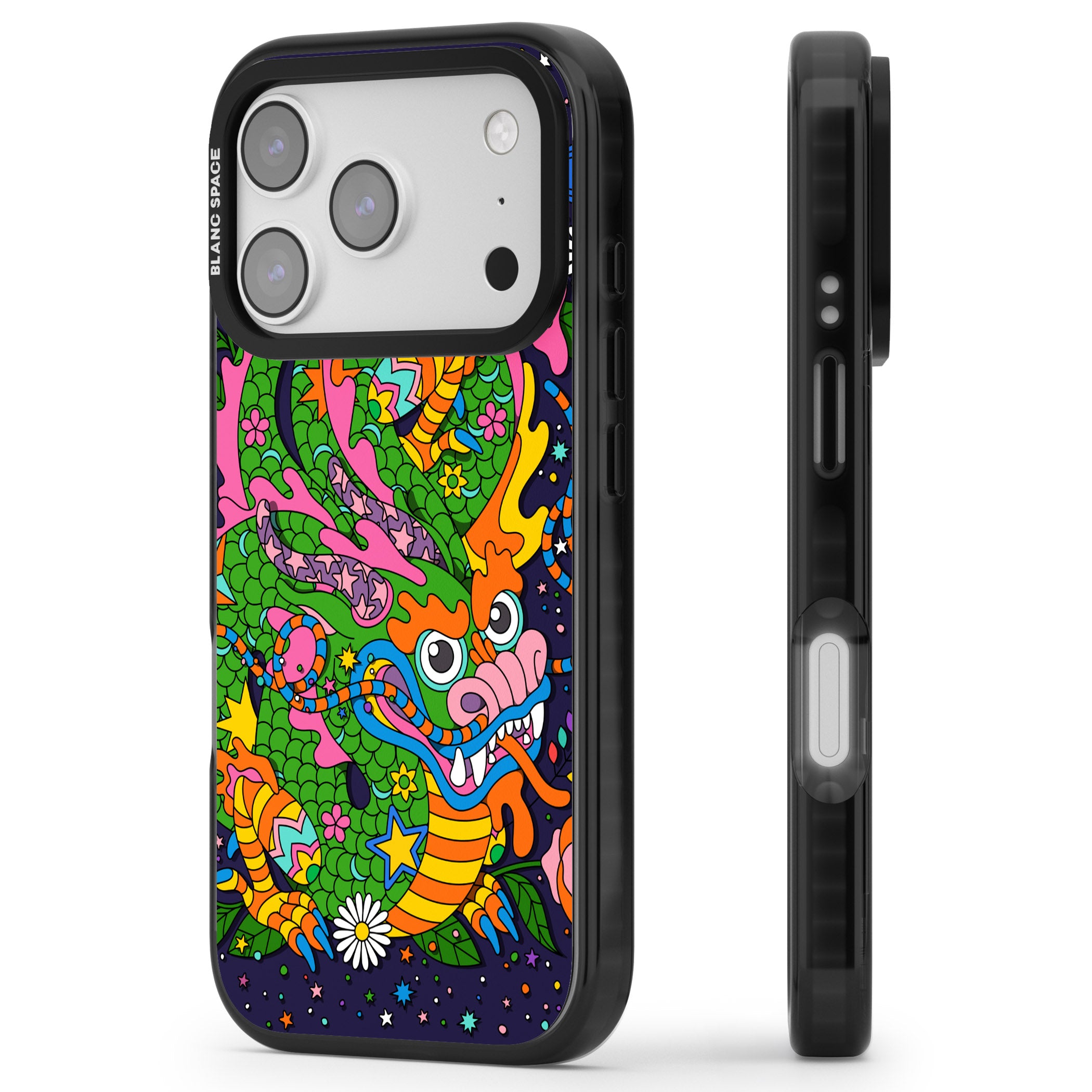 Psychedelic Jungle Dragon (Purple) iPhone 17 Pro Max Impact Black Phone Case Side Profile