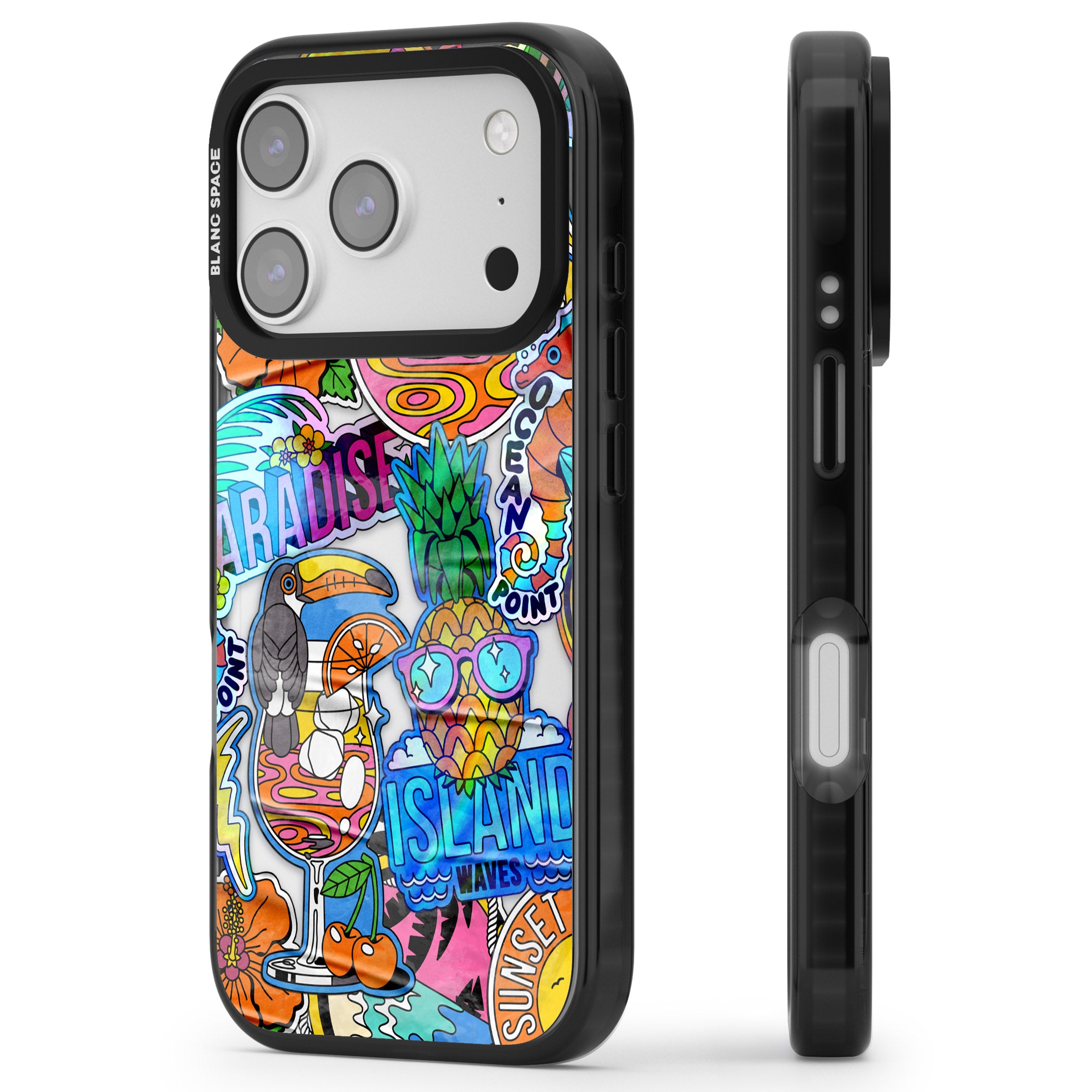 Tropical Vibes Collage iPhone 17 Pro Max Impact Black Phone Case Side Profile