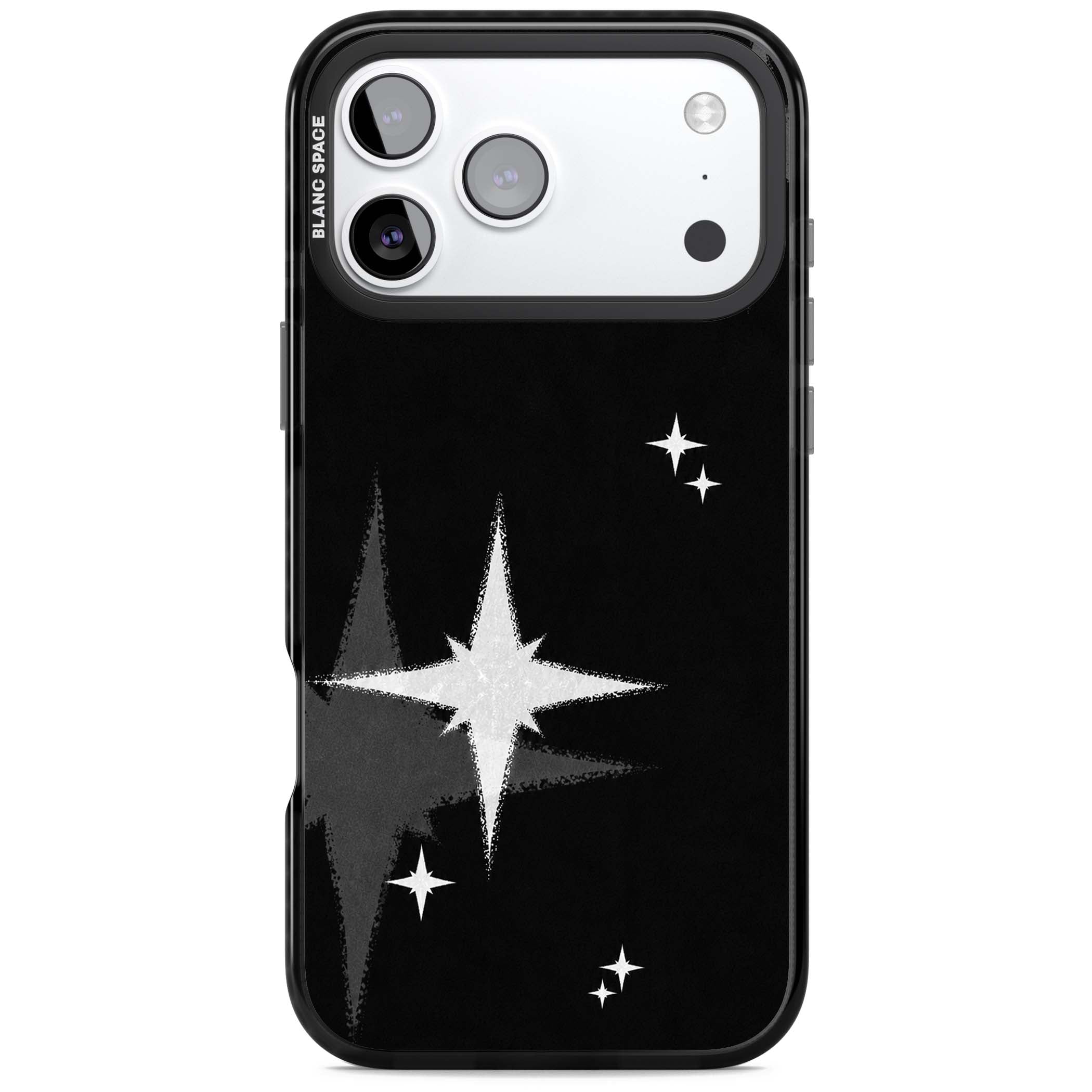 Black Sparkle celestial iPhone case featuring white sparkle stars on a black night sky background | Clear Impact case for iPhone 17 Pro, iPhone 17 Pro Max