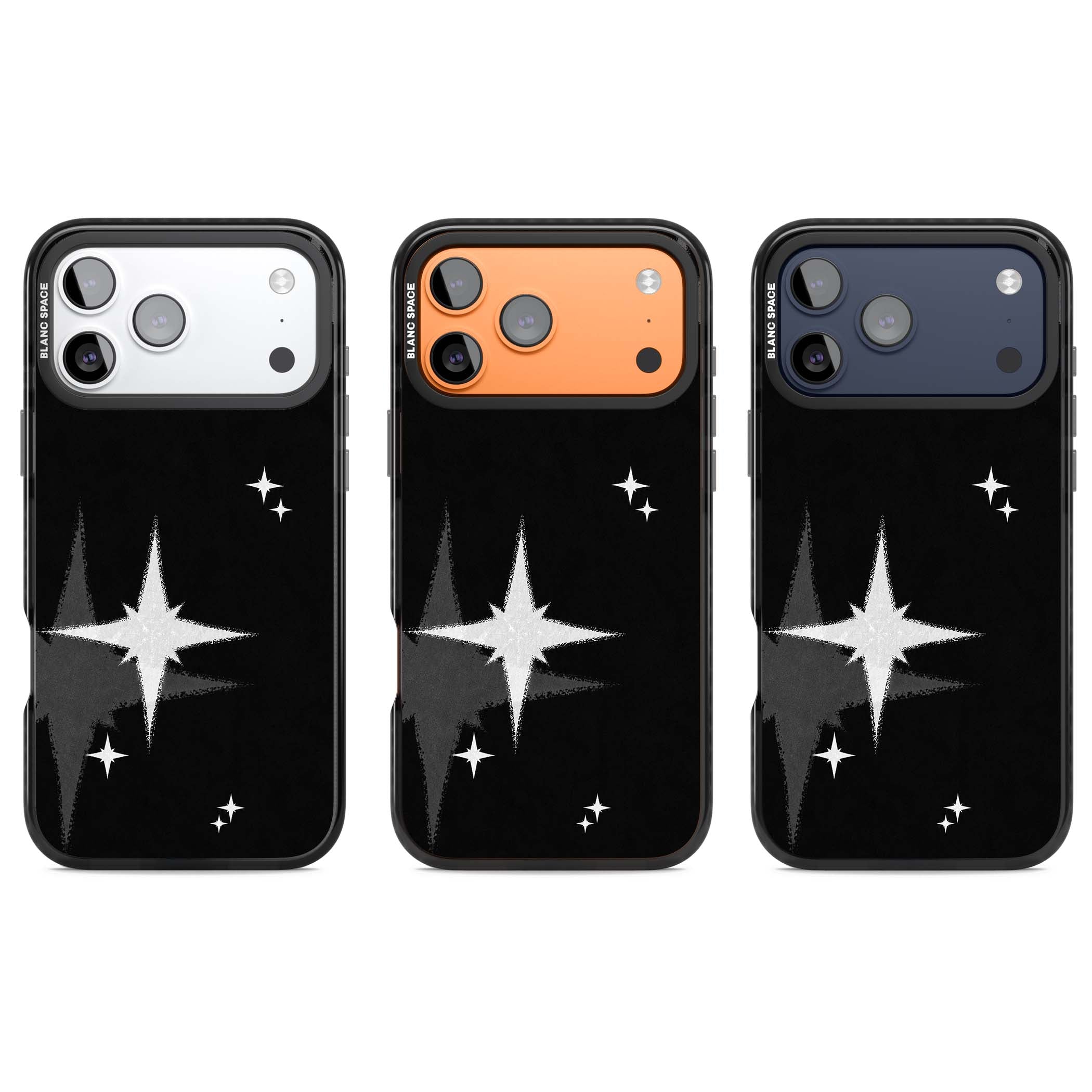 Black Sparkle celestial iPhone case featuring white sparkle stars on a black night sky background | Clear Impact case for iPhone 17 Pro, iPhone 17 Pro Max