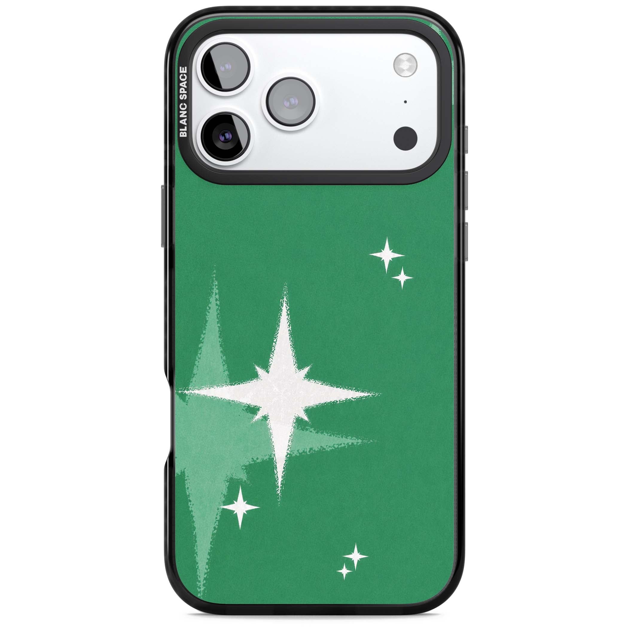 Green Sparkle celestial iPhone case featuring sparkling white four-point stars on a deep green background | Clear Impact case for iPhone 17 Pro, iPhone 17 Pro Max