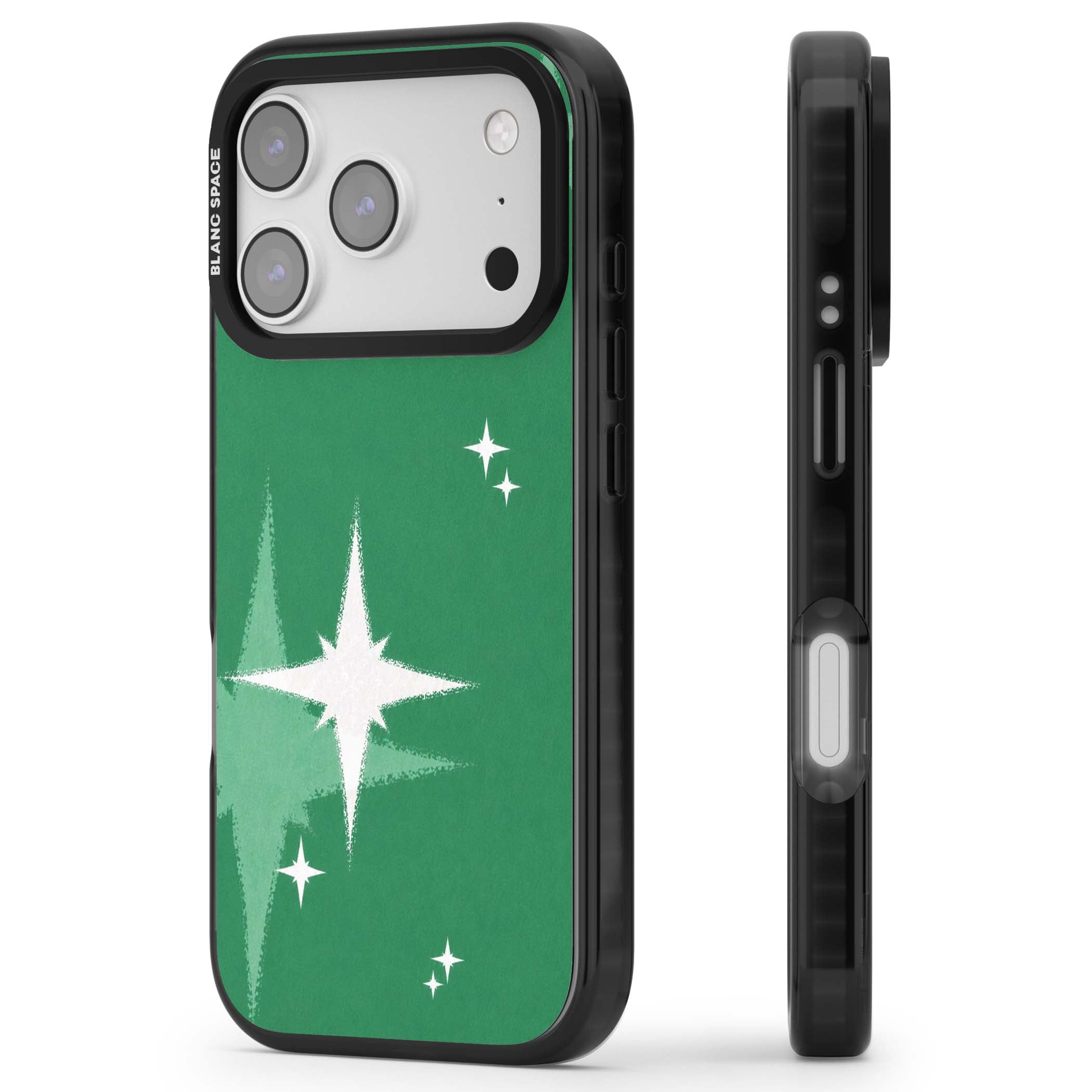 Green Sparkle celestial iPhone case featuring sparkling white four-point stars on a deep green background | Clear Impact case for iPhone 17 Pro, iPhone 17 Pro Max