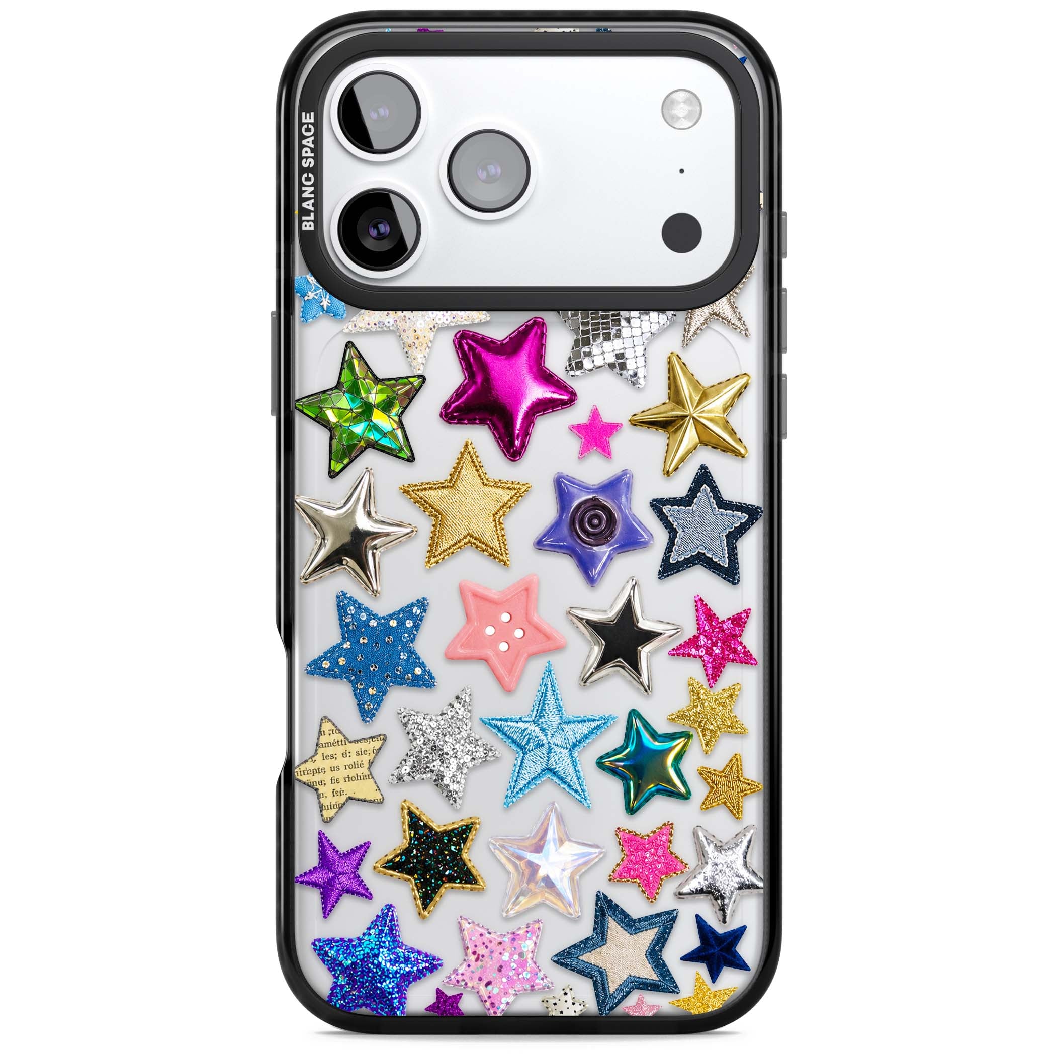 Crafty Star Mix Y2K iPhone case featuring embroidered, sequinned and glitter star patches in rainbow colours | Clear Impact case for iPhone 17 Pro, iPhone 17 Pro Max