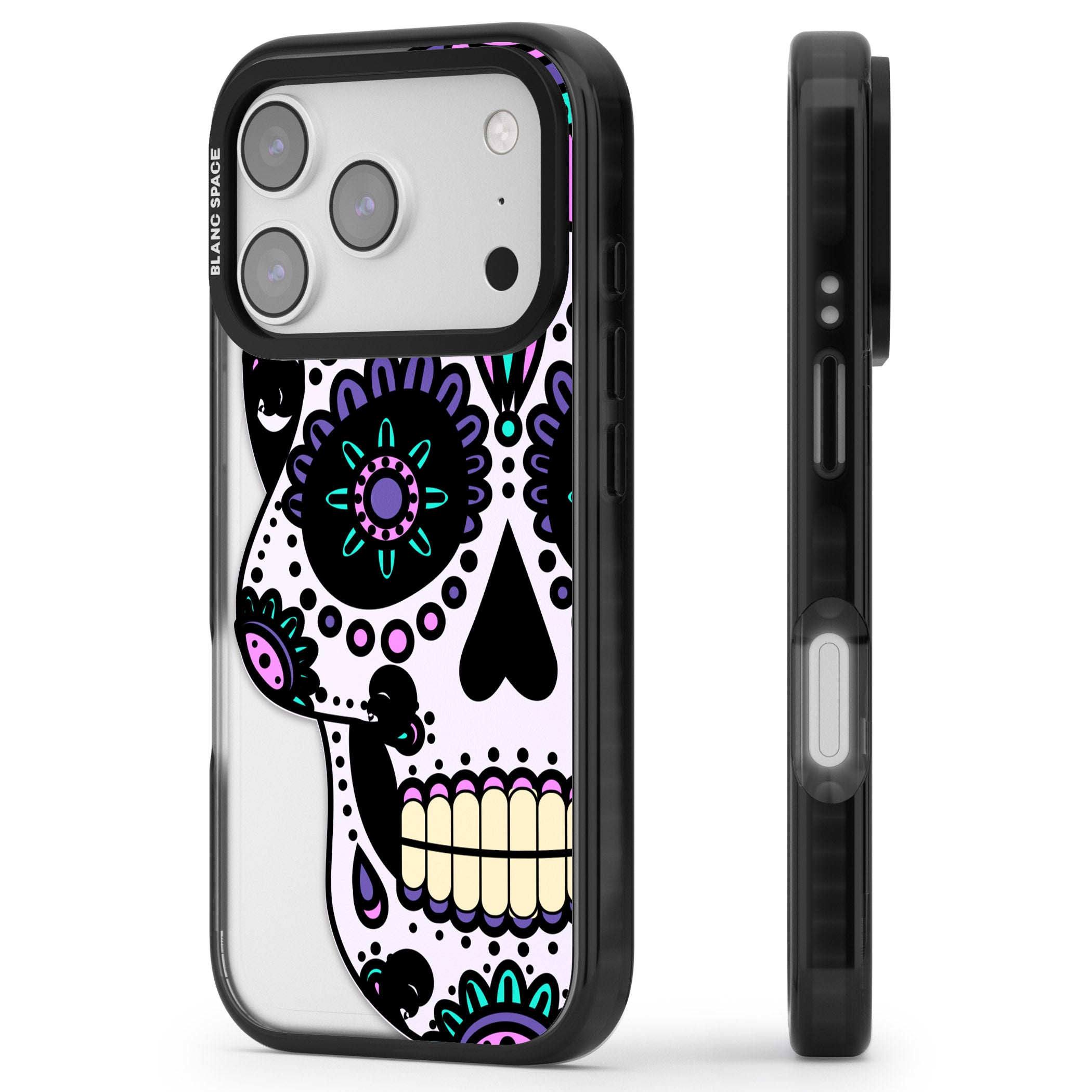 Violet Sugar Skull iPhone 17 Pro Max Impact Black Phone Case Side Profile