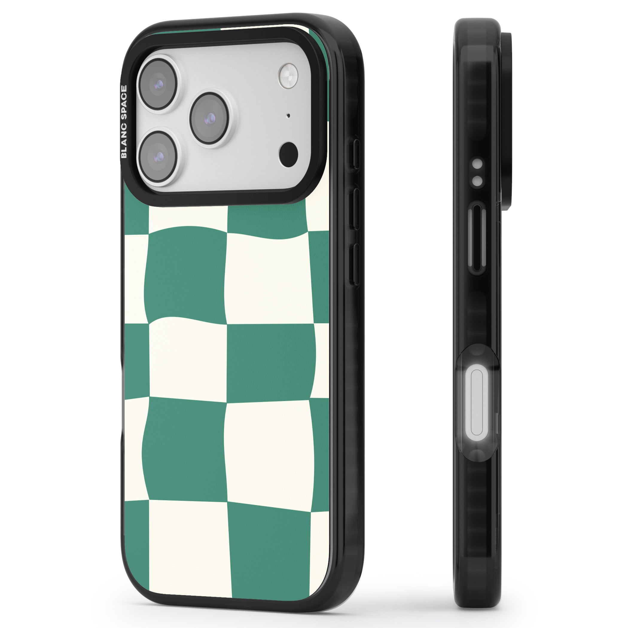 Green & Cream Wavy Check iPhone 17 Pro Max Impact Black Phone Case Side Profile
