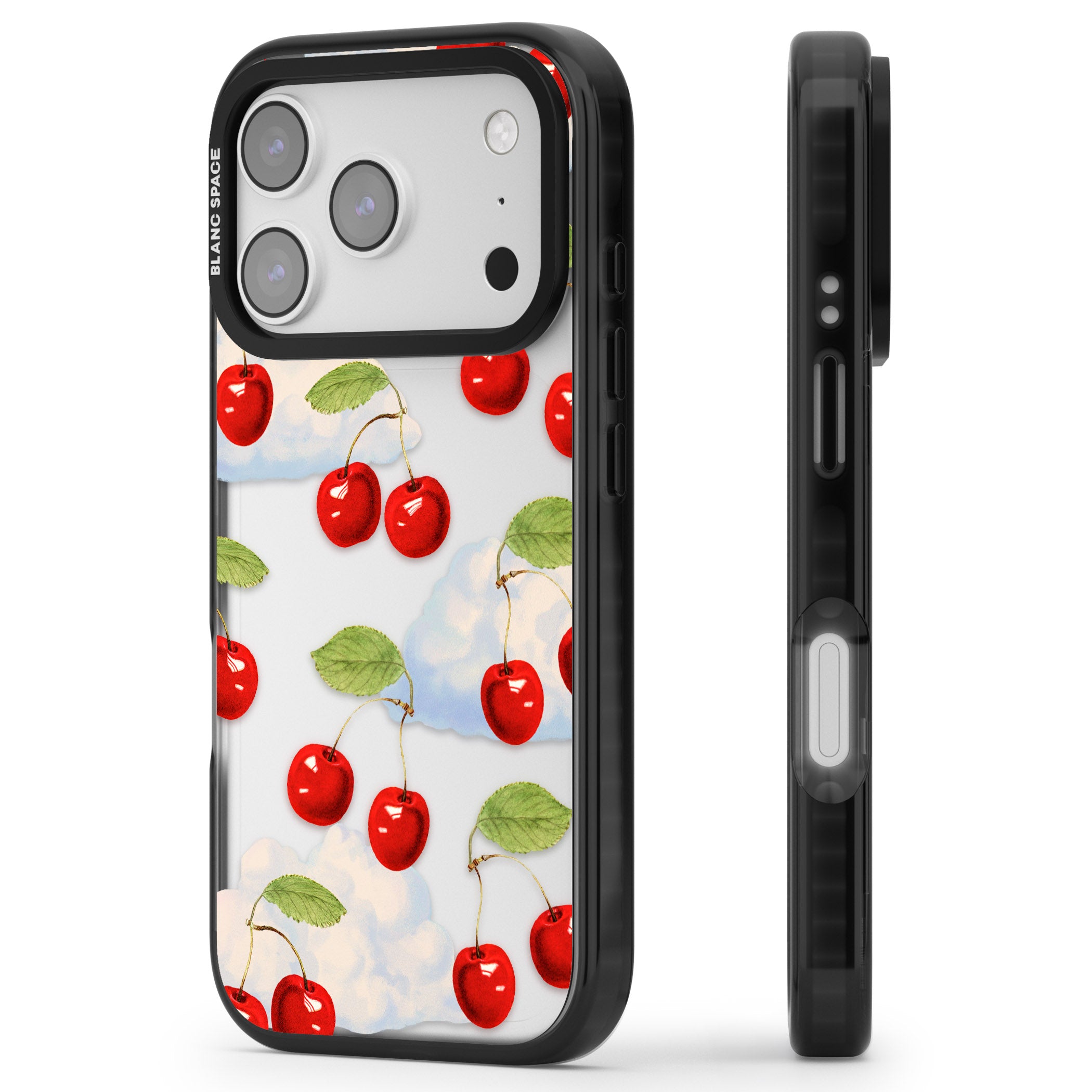 Vintage Cherries & Clouds iPhone 17 Pro Max Impact Black Phone Case Side Profile