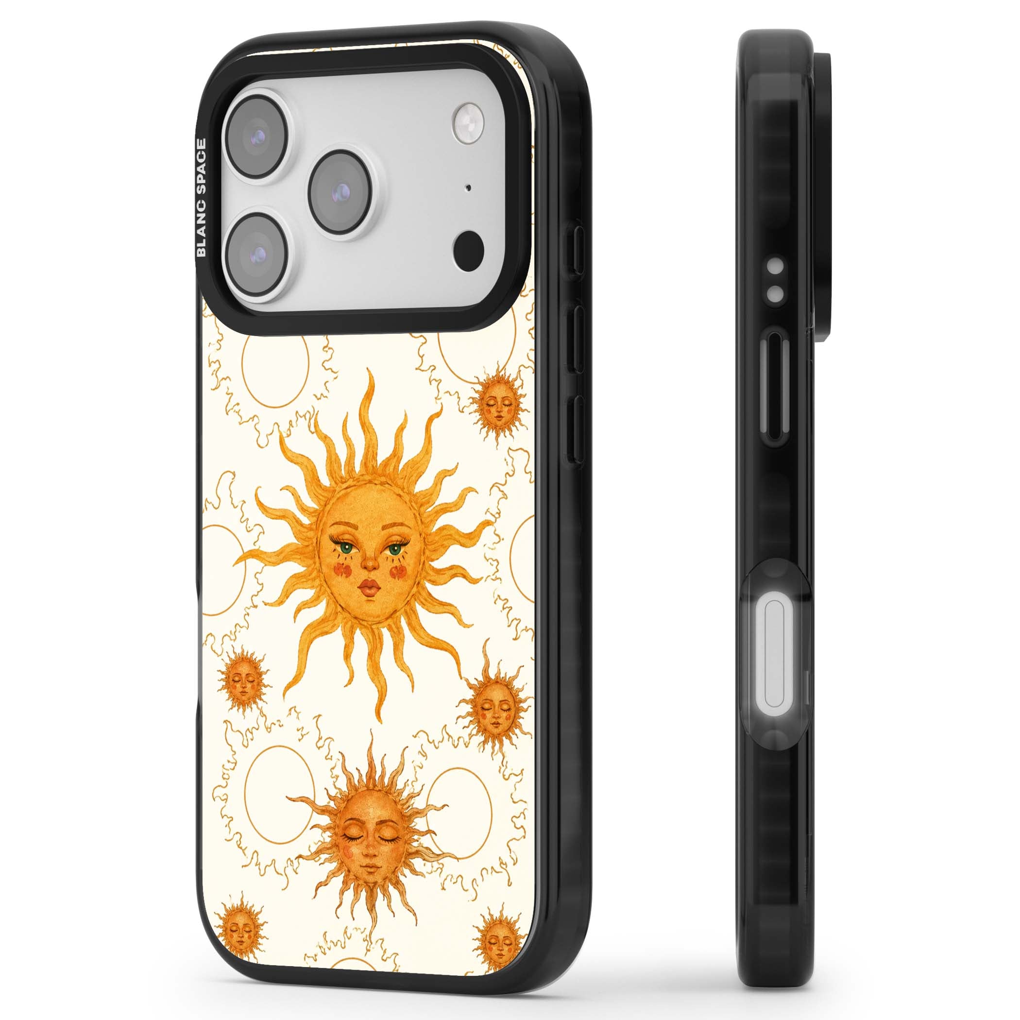 Solstice Muse celestial iPhone case featuring hand-painted golden sun faces, closed-eye sun goddesses and outlined moons... | Clear Impact case for iPhone 17 Pro, iPhone 17 Pro Max